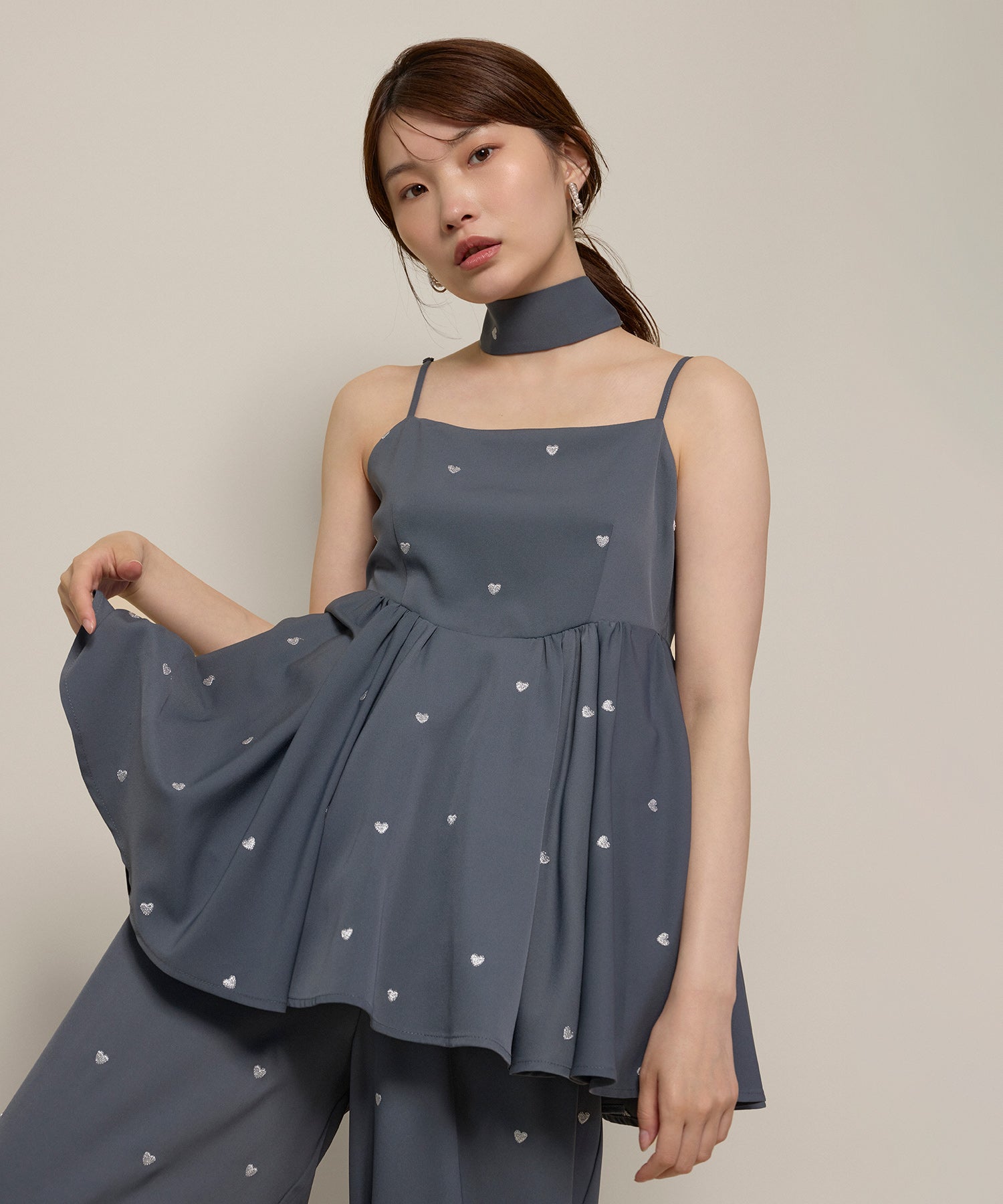 ハート刺繍ペプラムパンツドレス3点セット