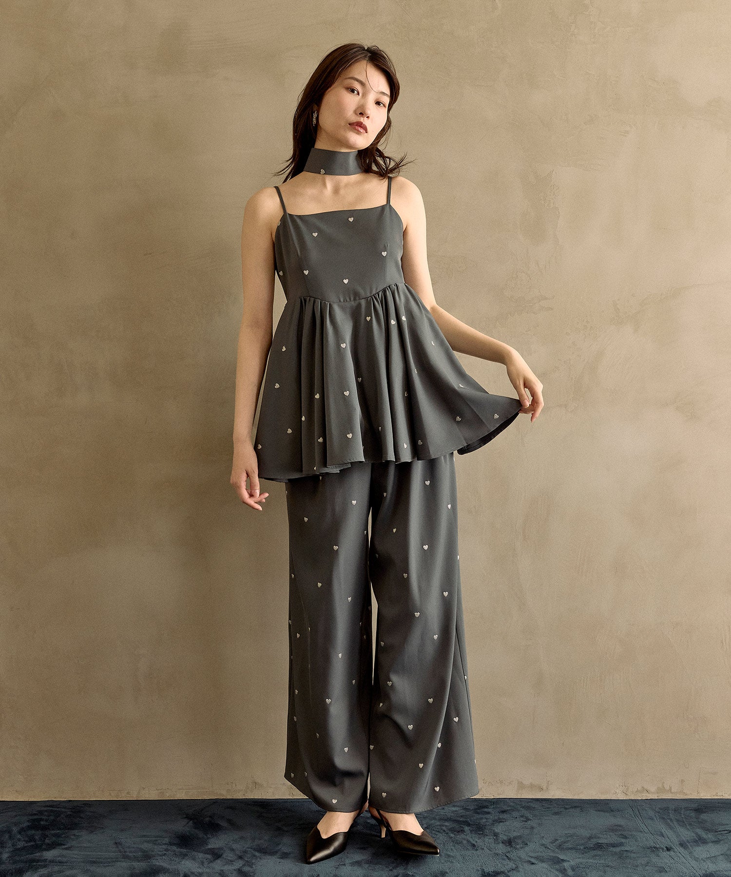 ハート刺繍ペプラムパンツドレス3点セット