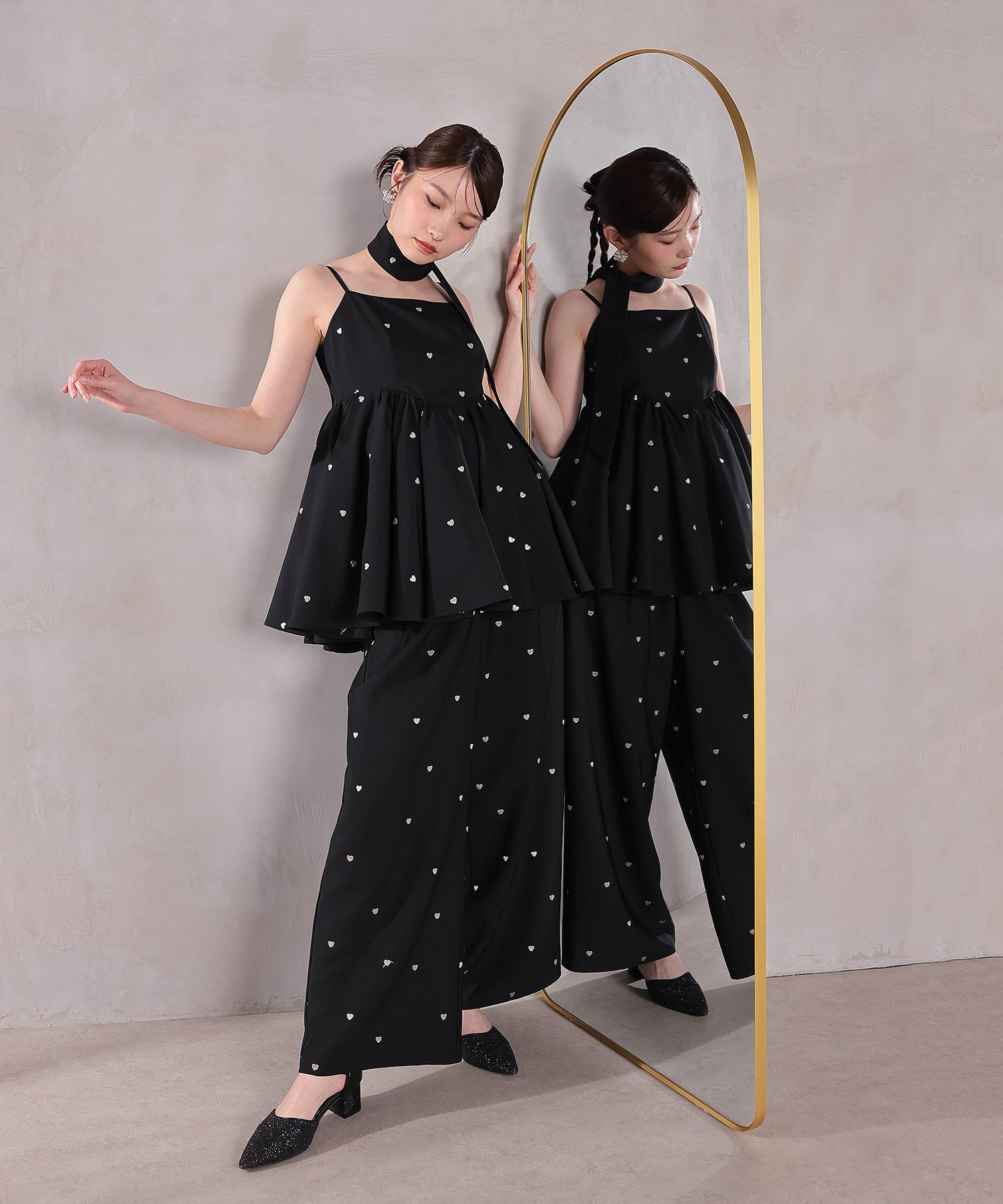 ハート刺繍ペプラムパンツドレス3点セット