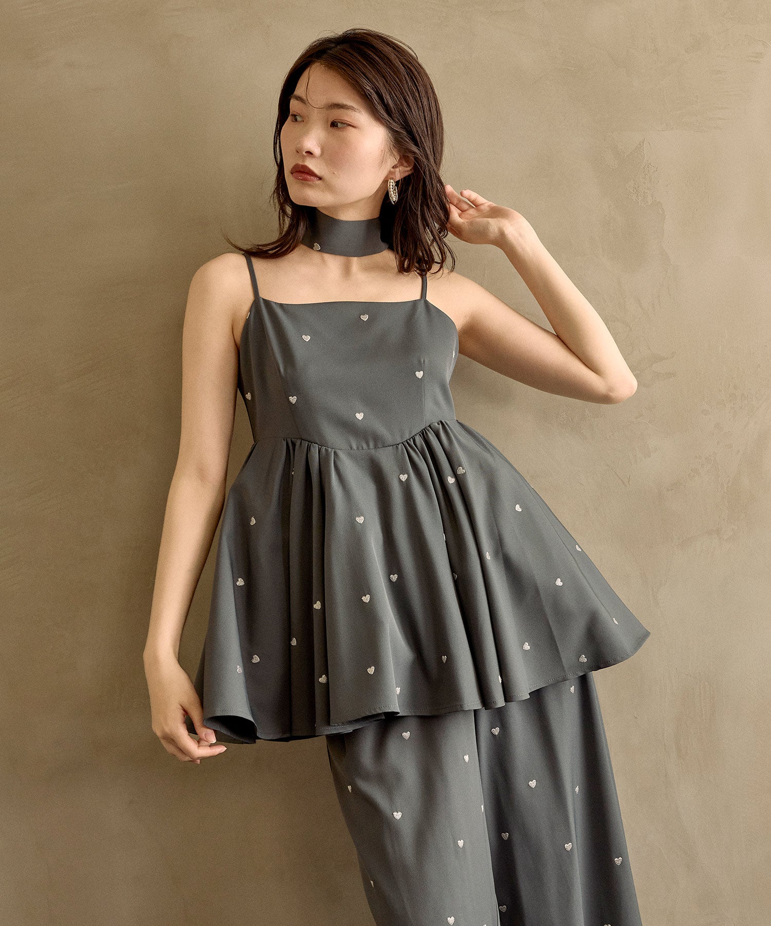 ハート刺繍ペプラムパンツドレス3点セット
