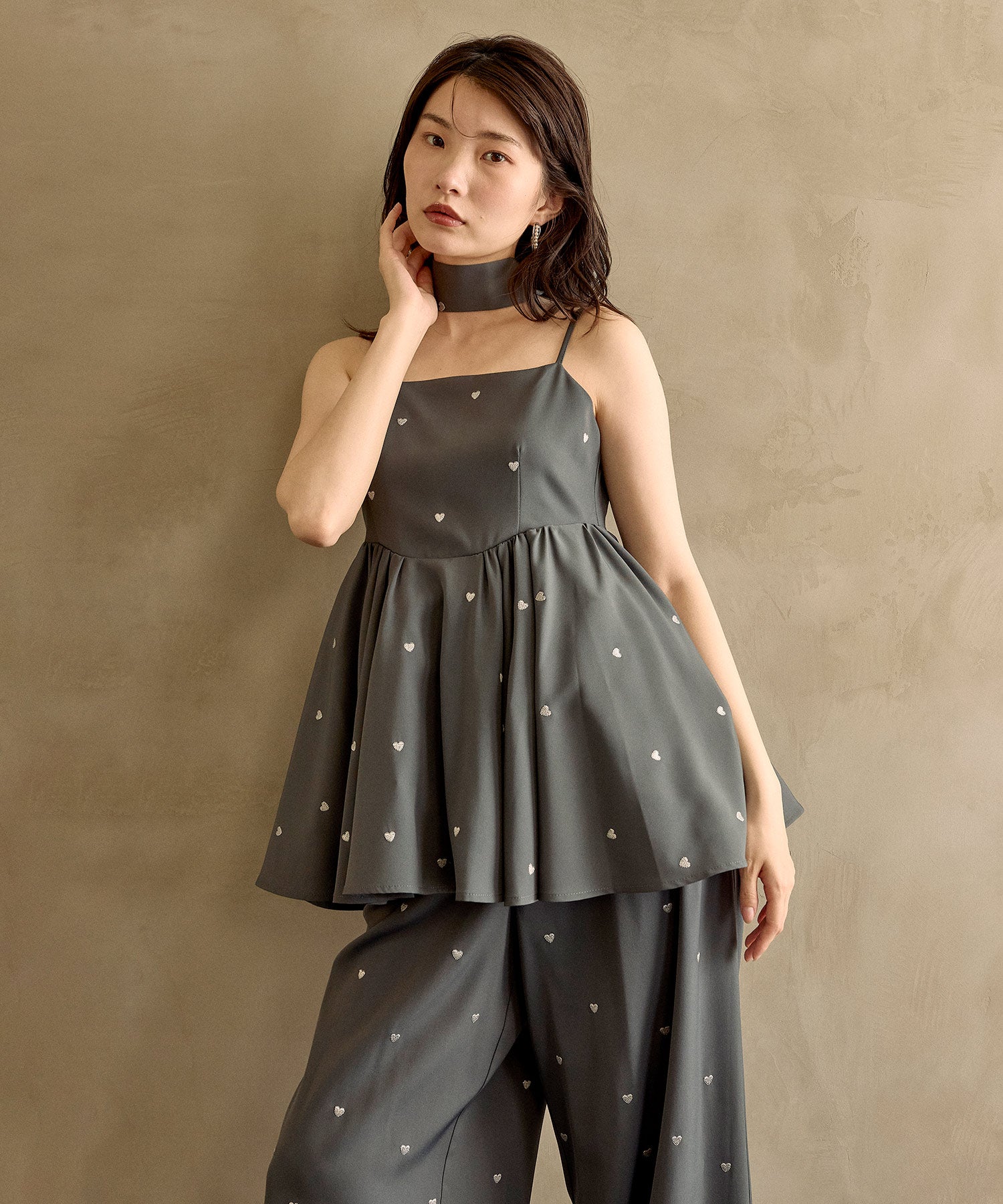 ハート刺繍ペプラムパンツドレス3点セット