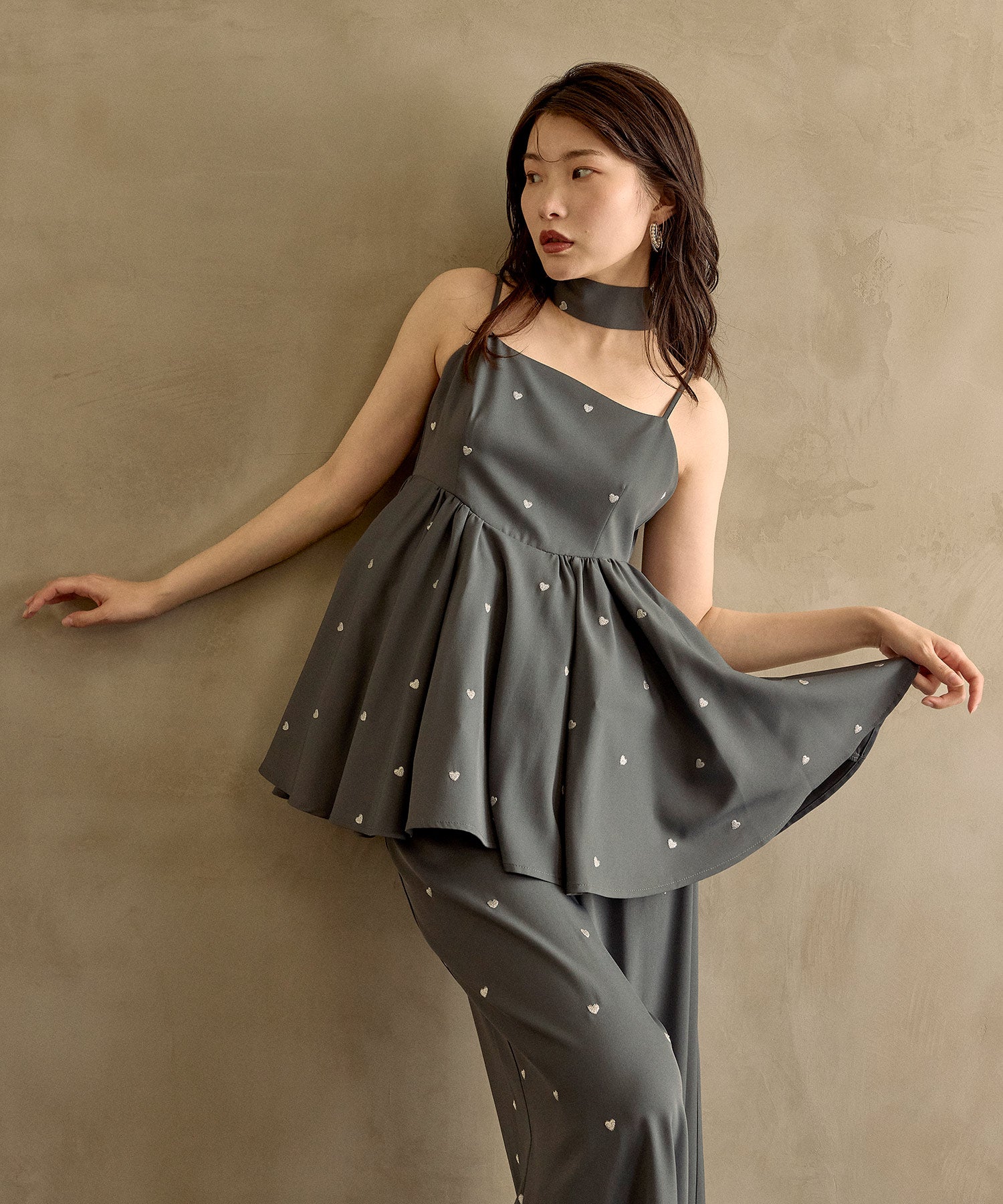 ハート刺繍ペプラムパンツドレス3点セット