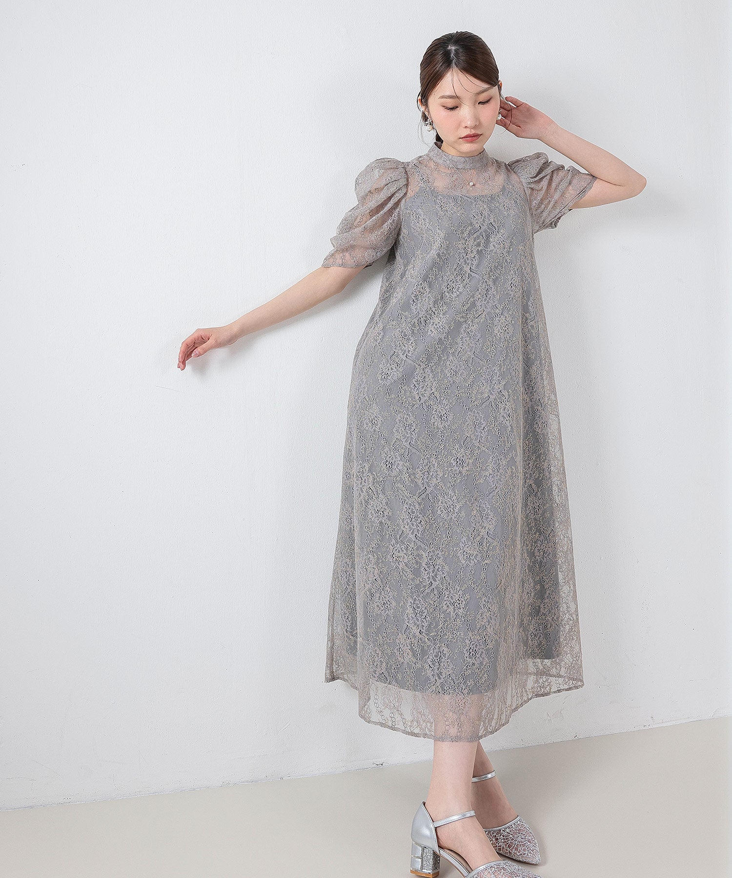 刺繍レースAラインワンピースドレス