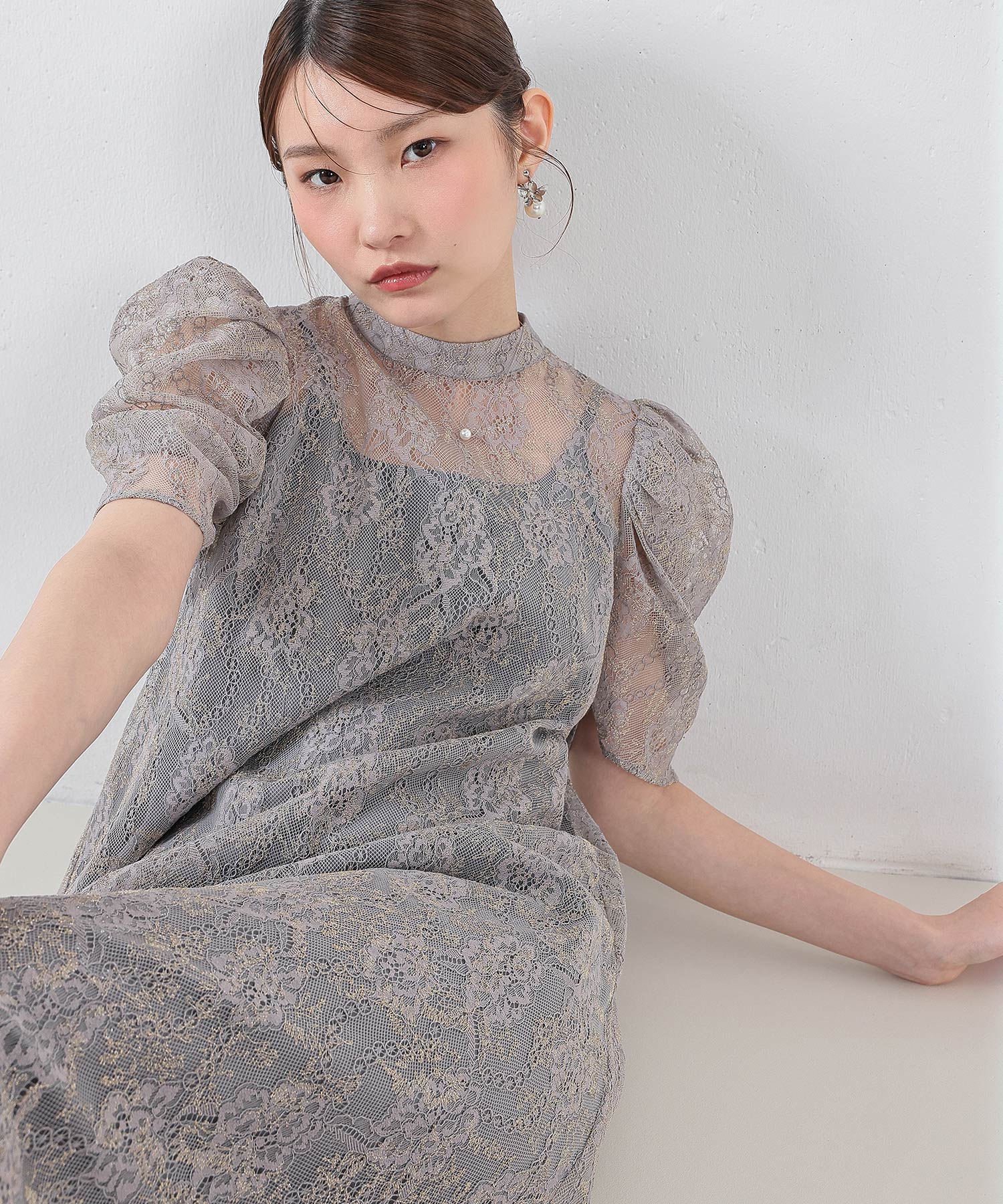 刺繍レースAラインワンピースドレス