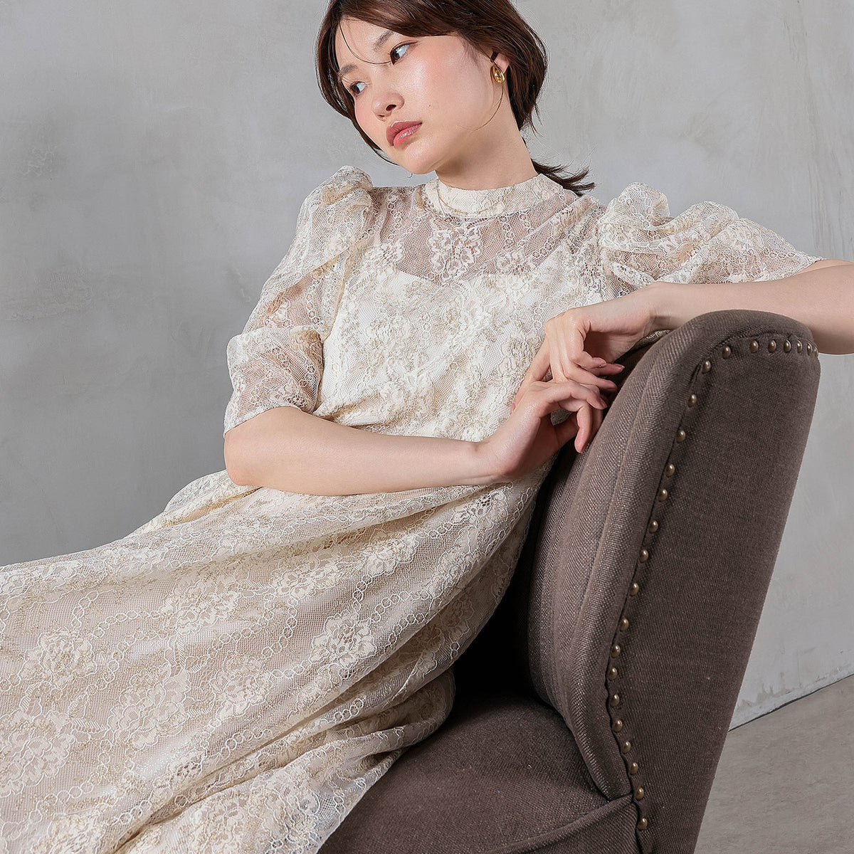 刺繍レースAラインワンピースドレス