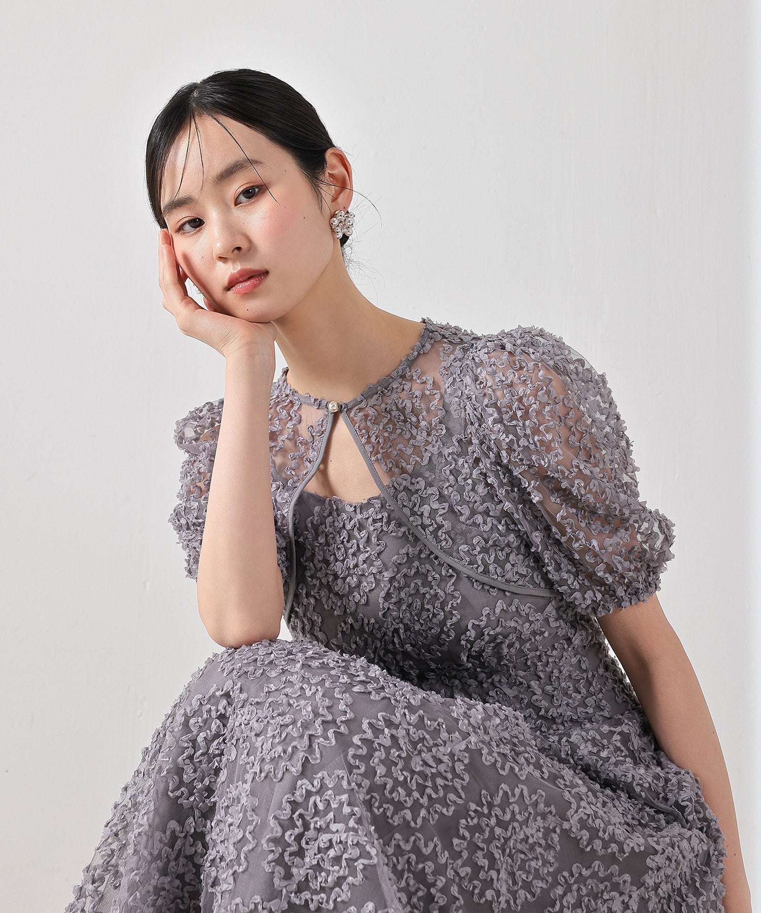 刺繍レースボレロパフスリーブフィットフレアセットドレス