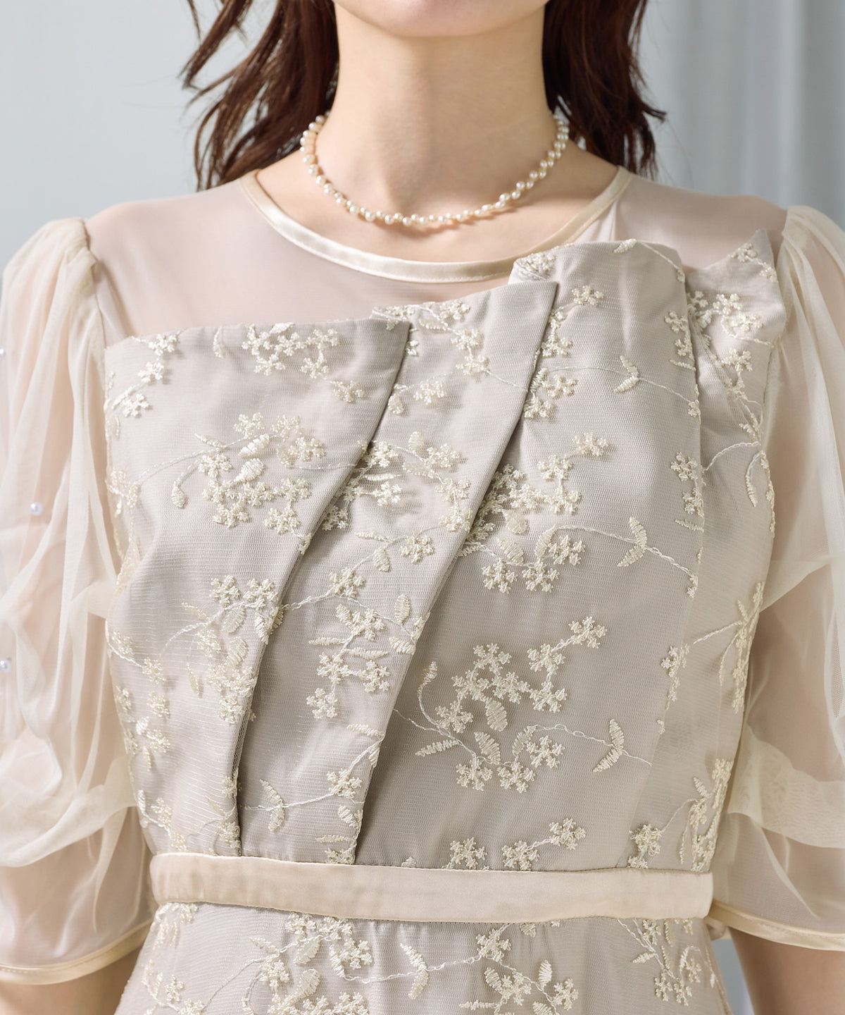 フロントプリーツ刺繍レースフレアワンピースドレス