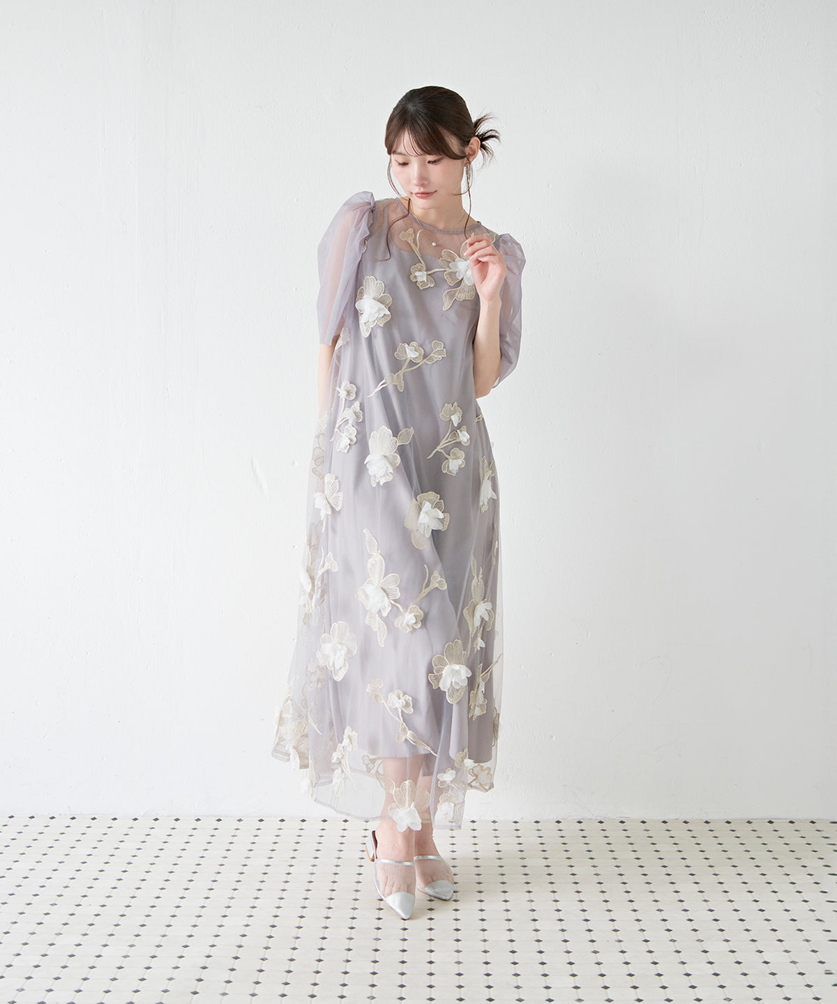 3D花柄レースAラインドレス
