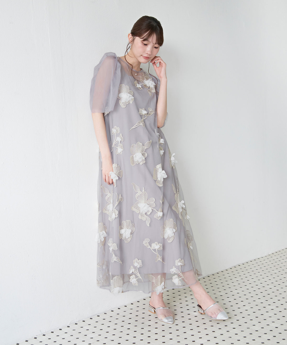 3D花柄レースAラインドレス