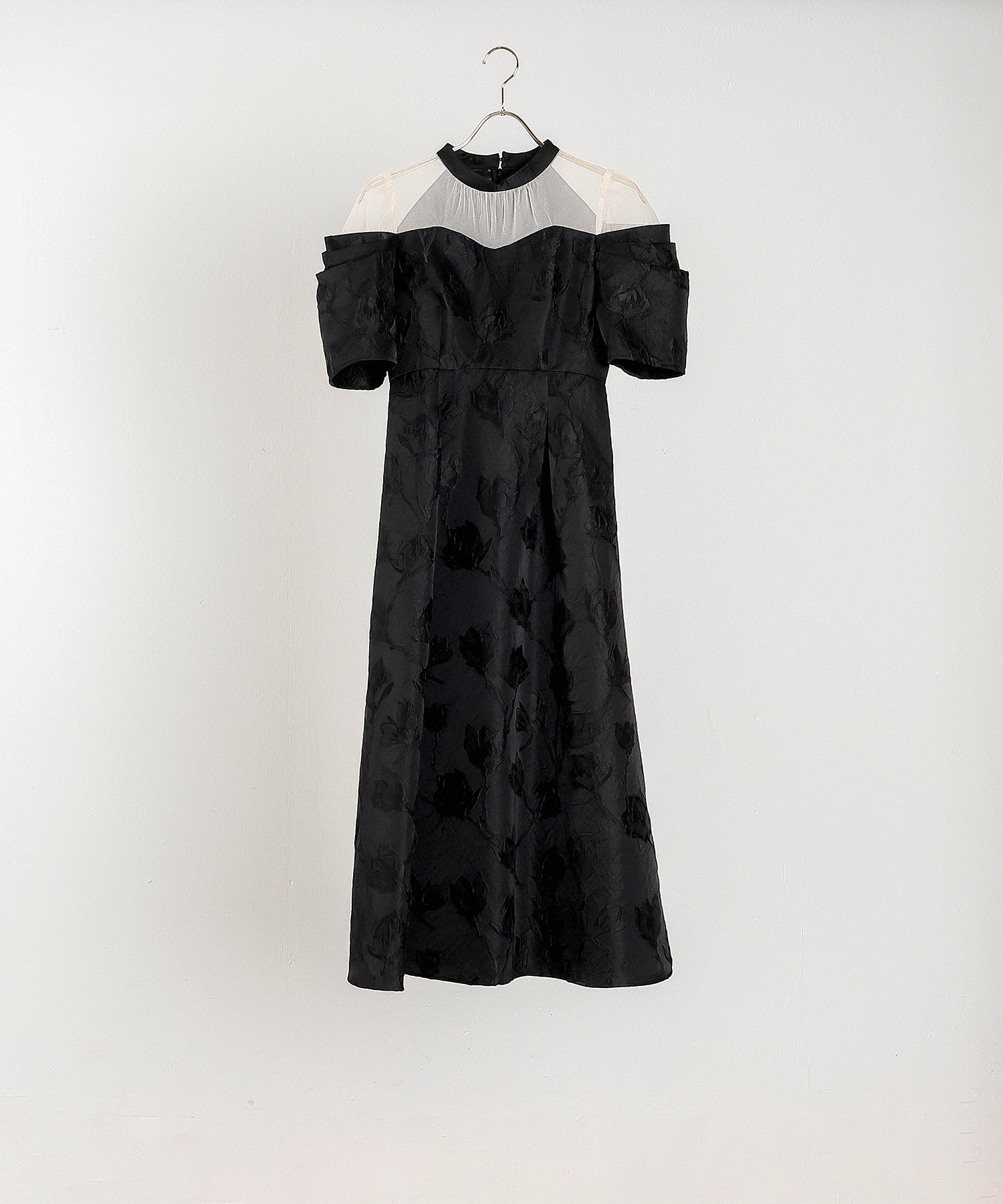 ジャガード 花柄 チュール オフショル風 Aライン ワンピース ドレス