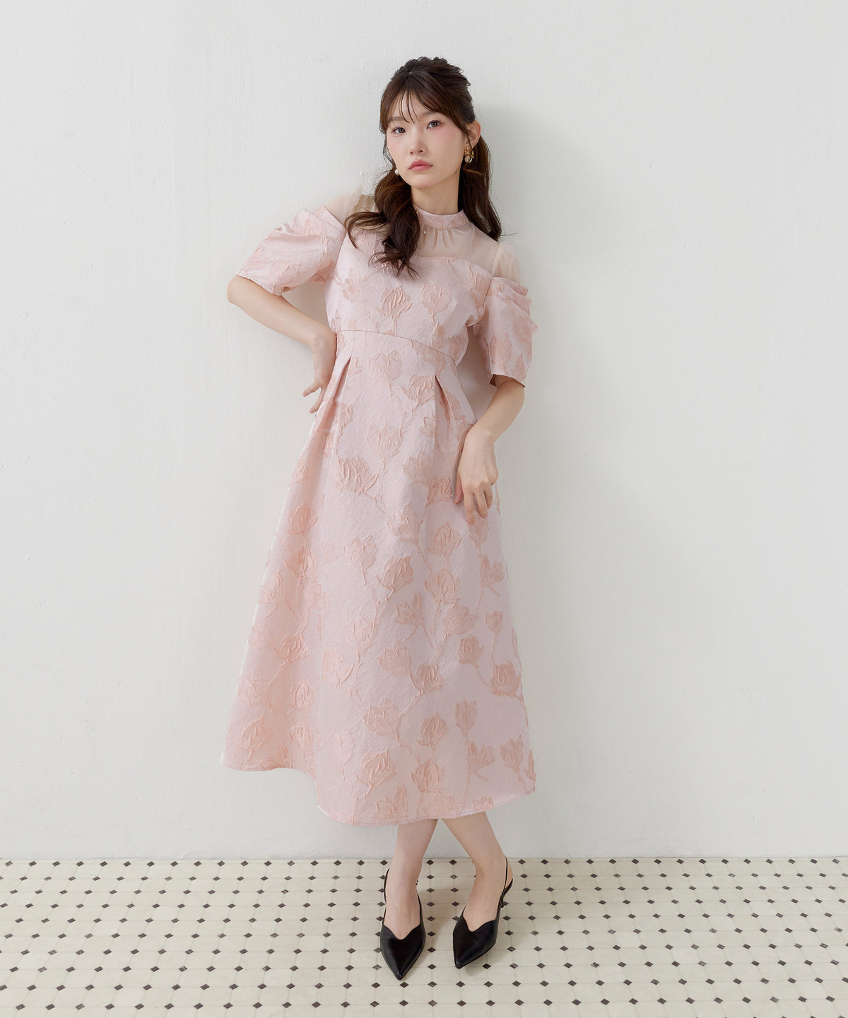 ジャガード花柄チュールオフショル風タックAラインドレス