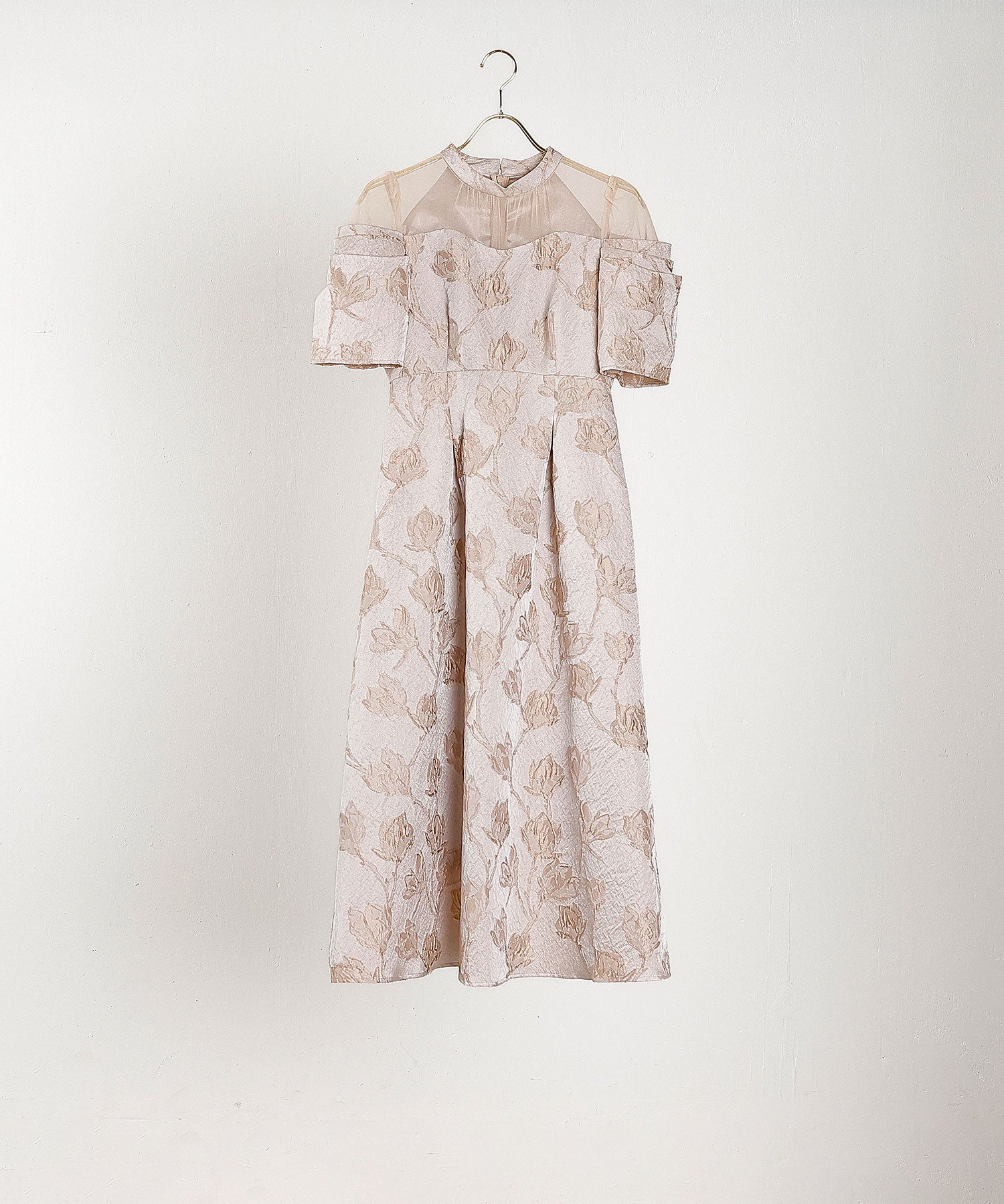 ジャガード 花柄 チュール オフショル風 Aライン ワンピース ドレス