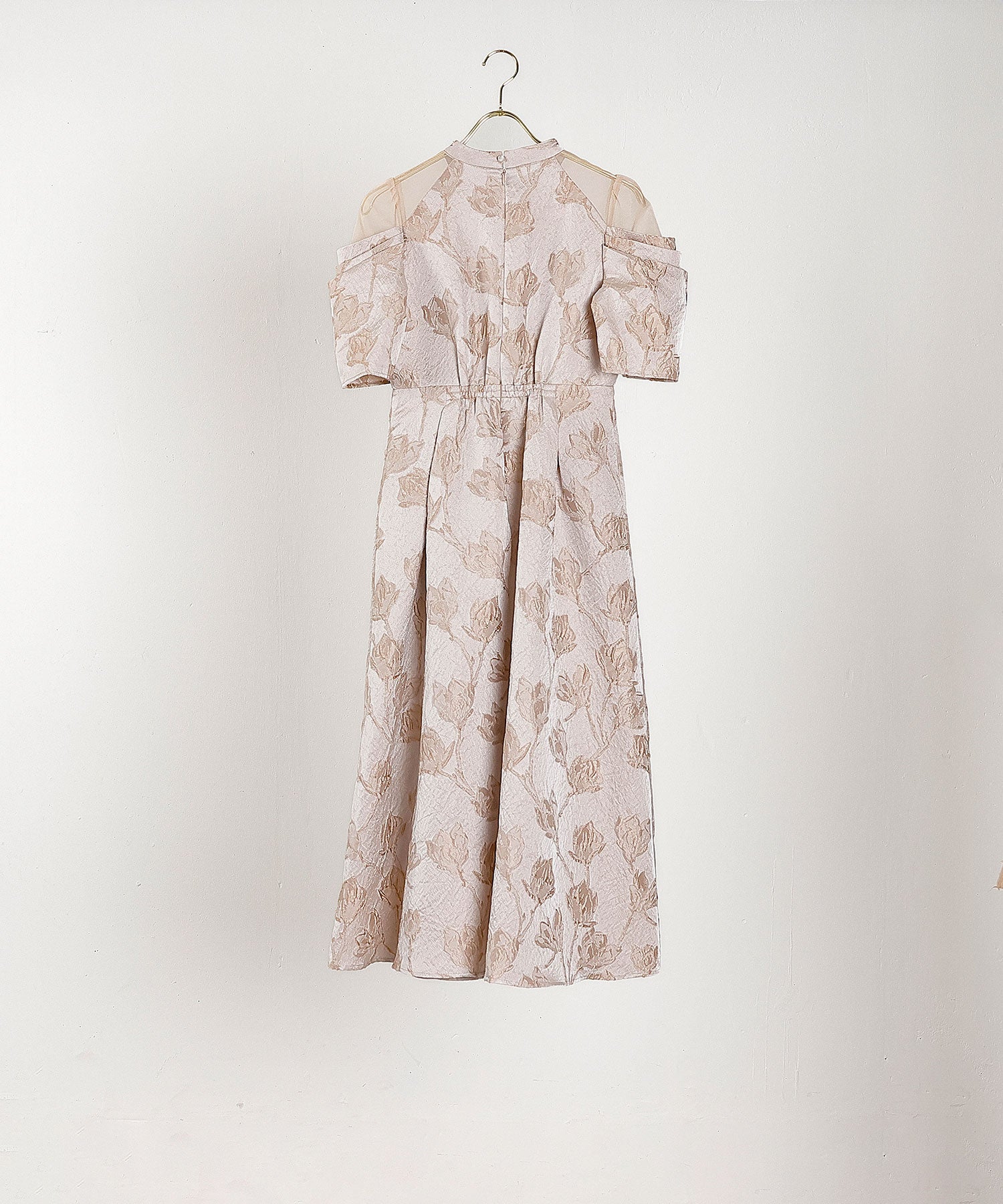 ジャガード 花柄 チュール オフショル風 Aライン ワンピース ドレス