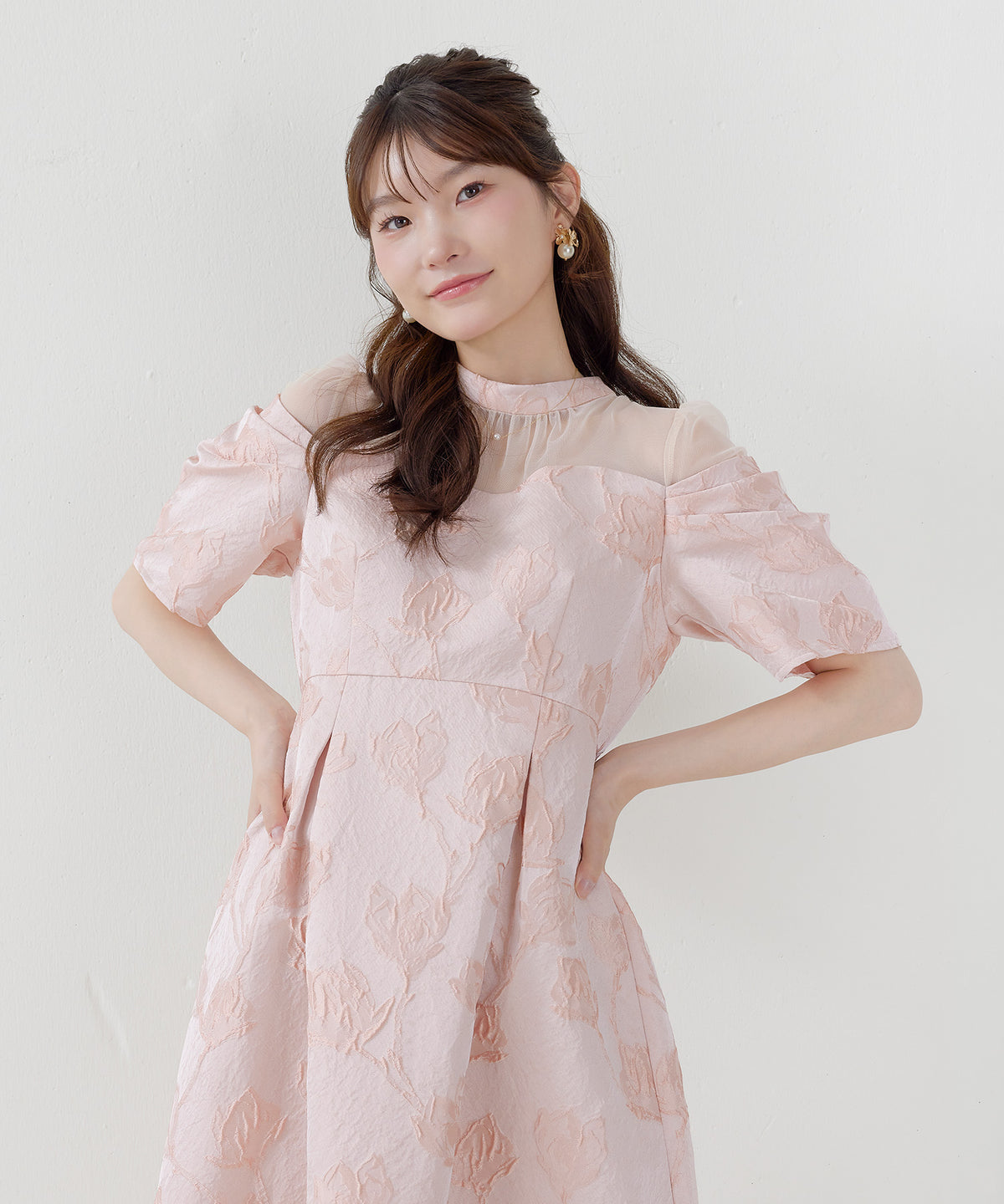 ジャガード花柄チュールオフショル風タックAラインドレス