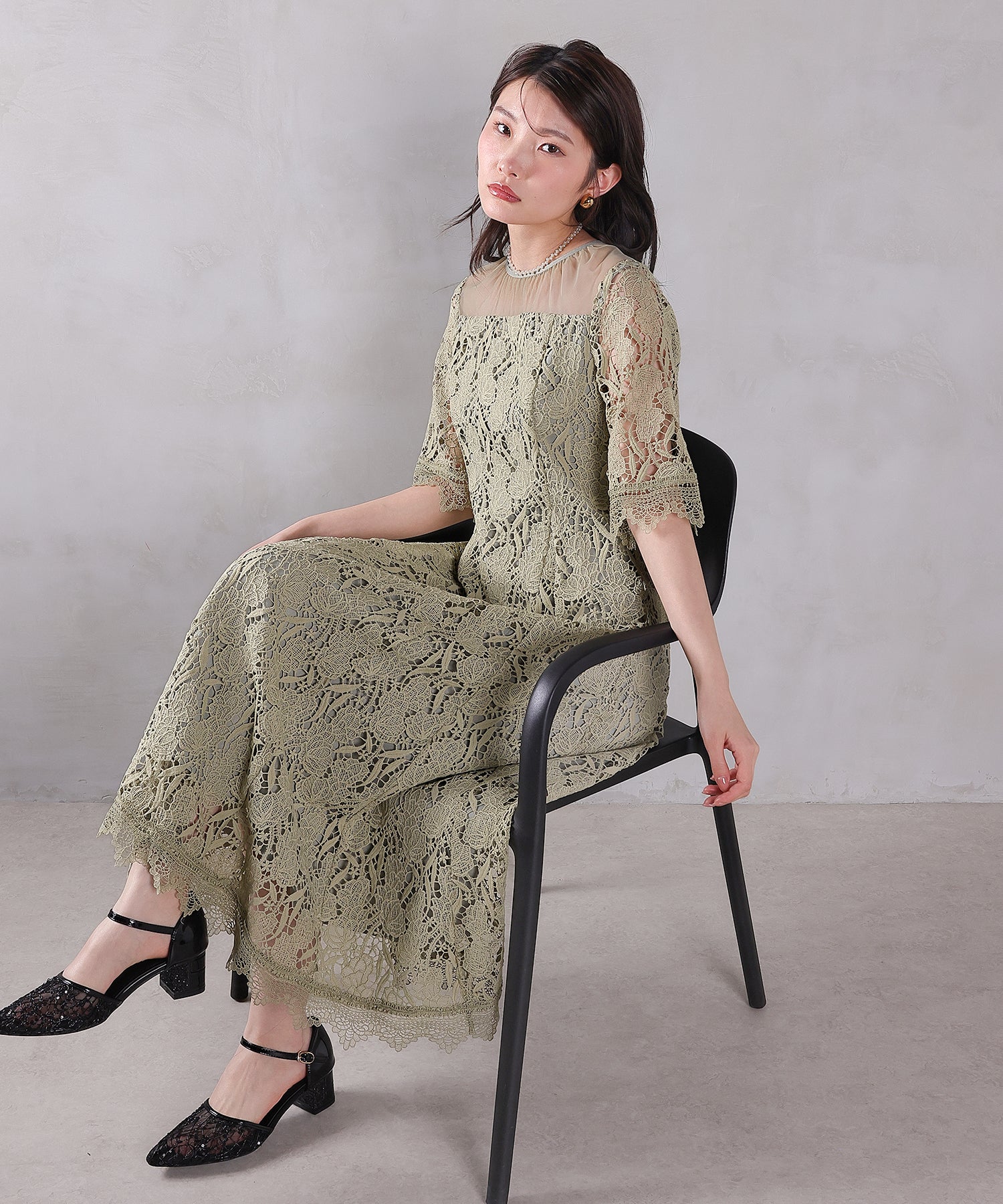 ケミカルレース Aラインワンピースドレス