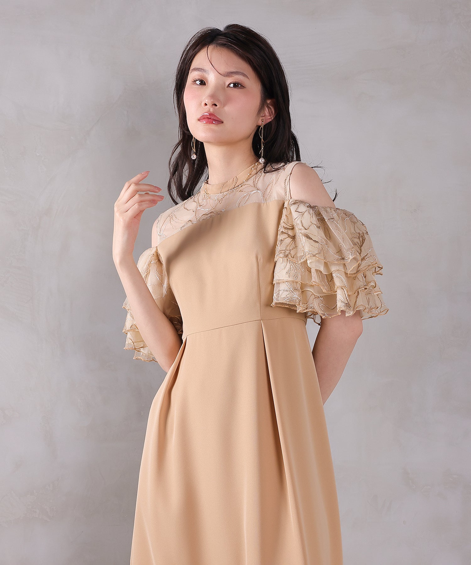 チュールラメ刺繍 オフショル Aラインワンピース ドレス