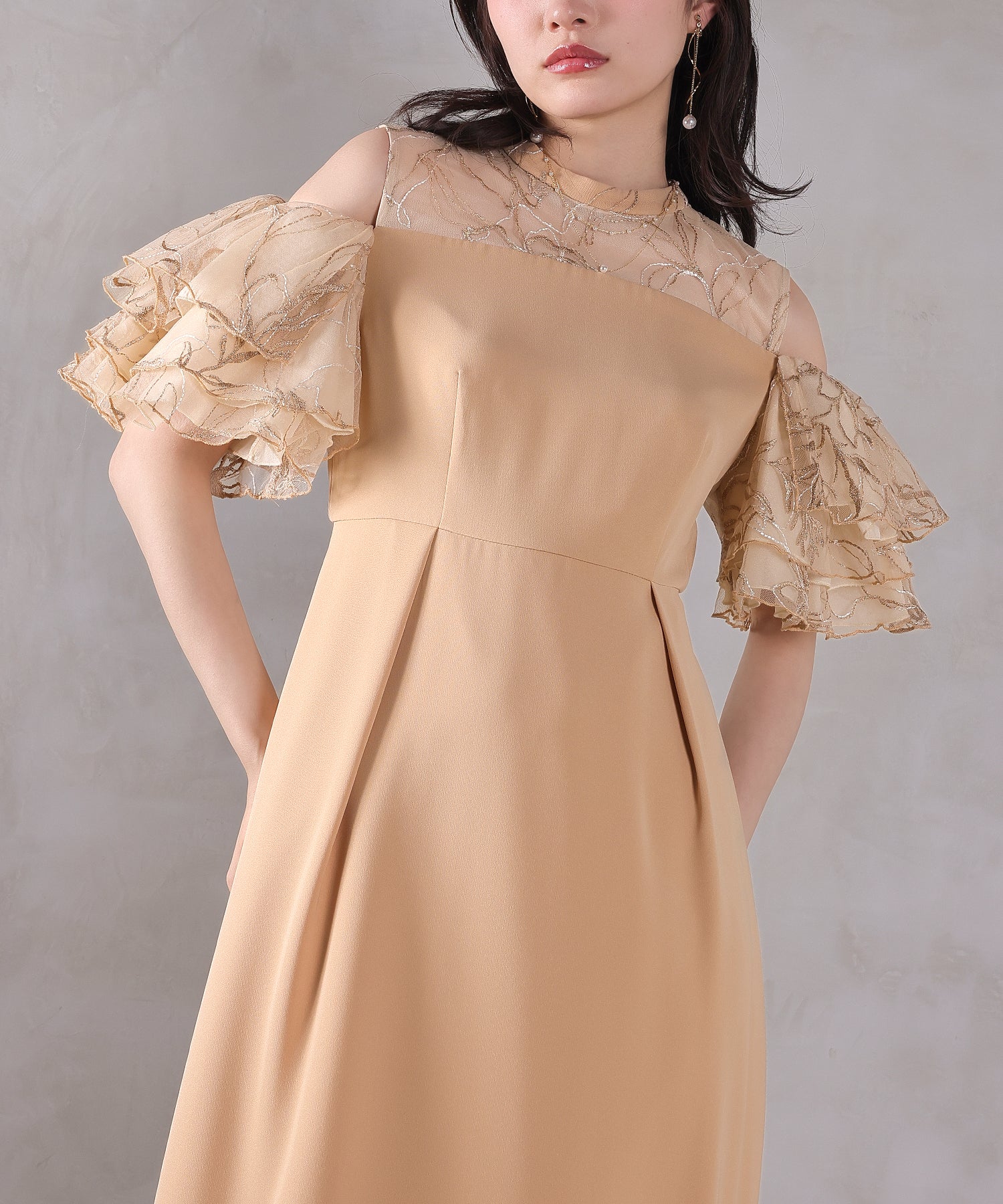 チュールラメ刺繍 オフショル Aラインワンピース ドレス