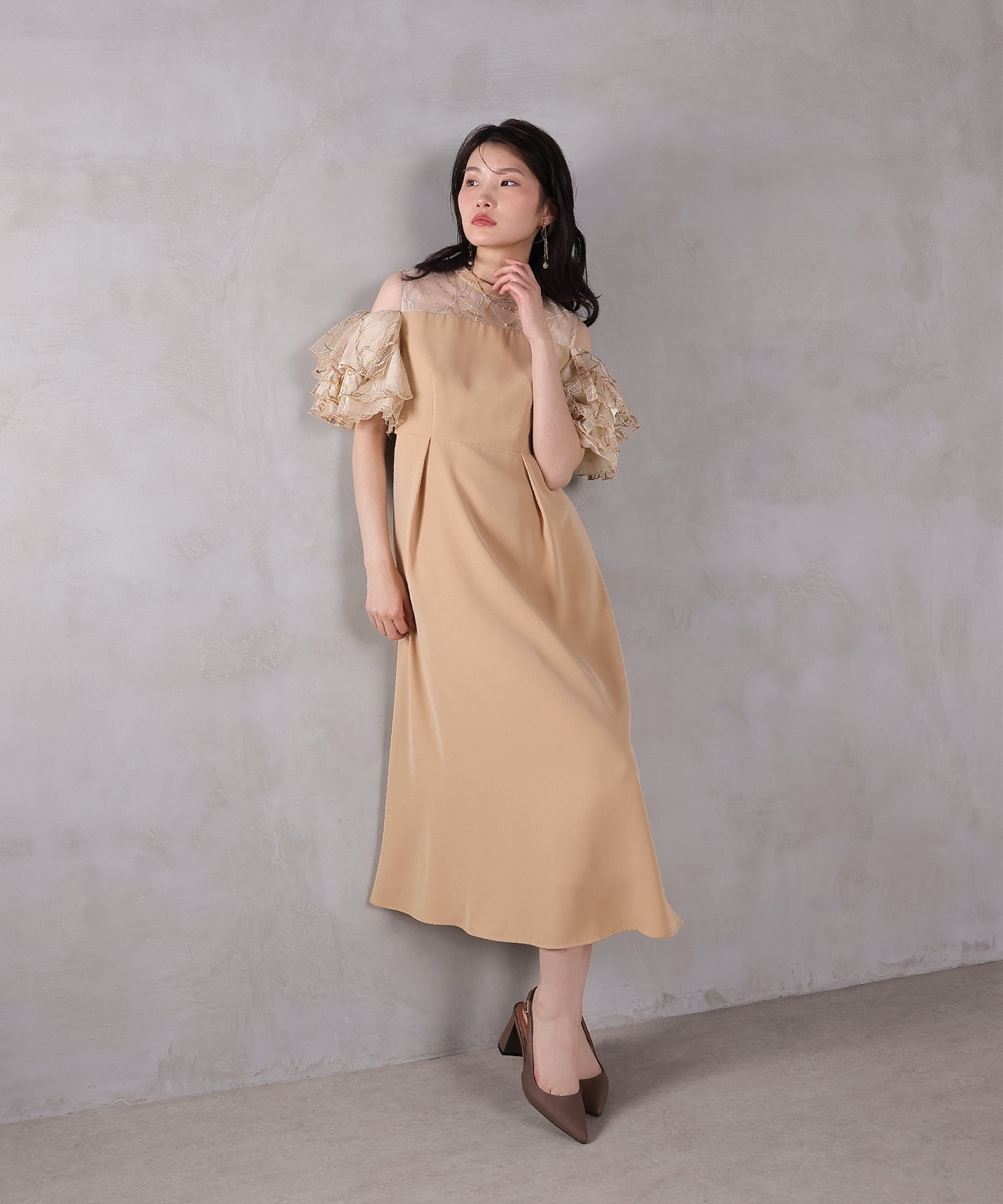 チュールラメ刺繍 オフショル Aラインワンピース ドレス