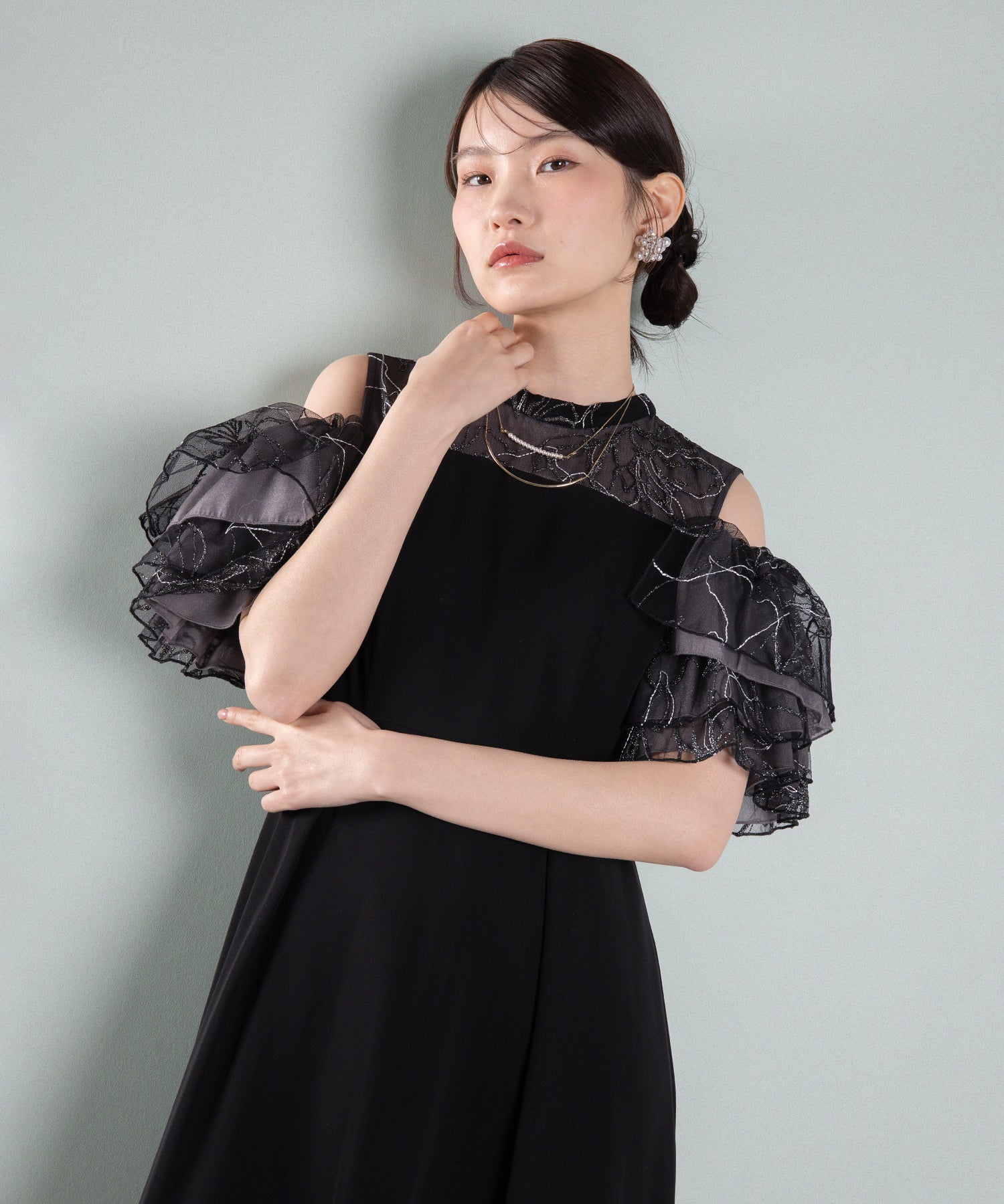 チュールラメ刺繍 オフショル Aラインワンピース ドレス