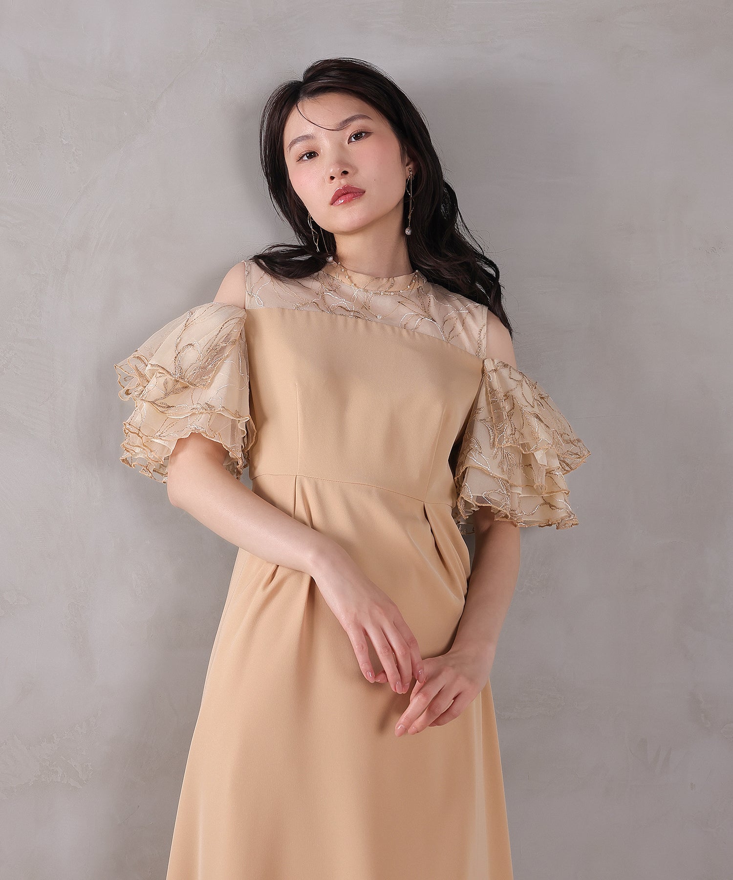 チュールラメ刺繍 オフショル Aラインワンピース ドレス