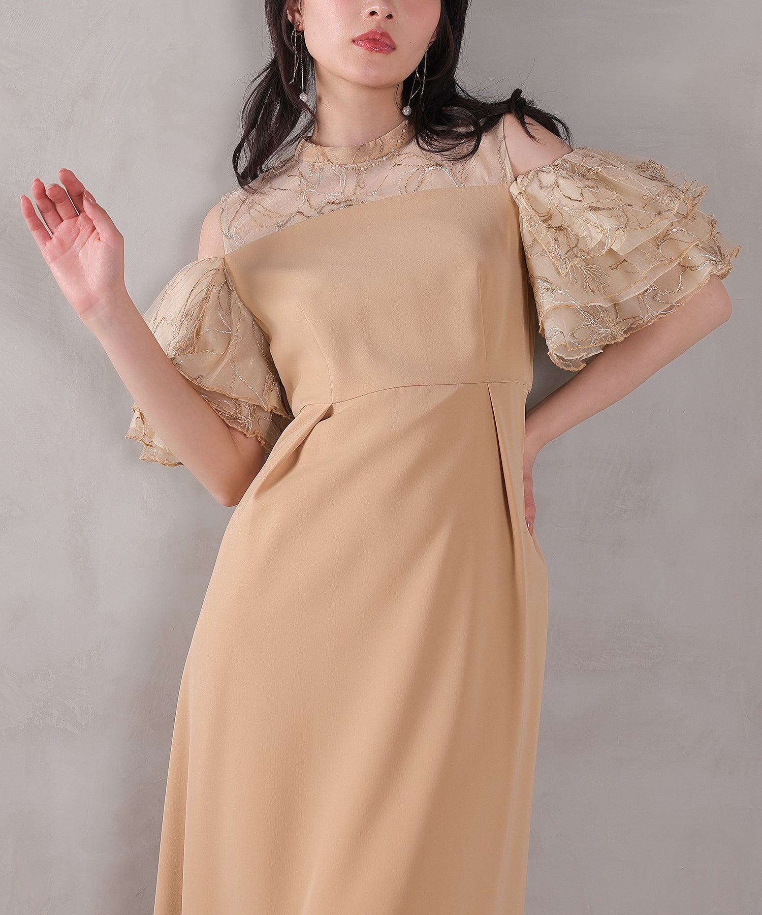 チュールラメ刺繍 オフショル Aラインワンピース ドレス