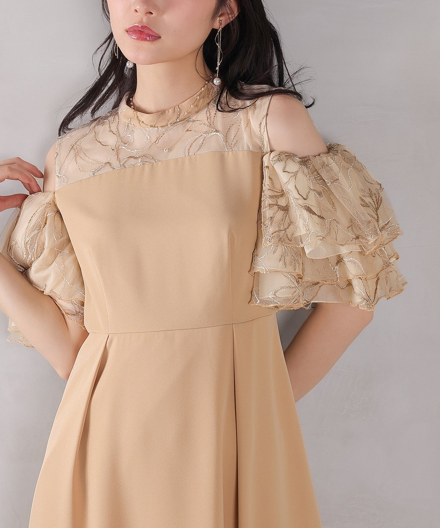 チュールラメ刺繍 オフショル Aラインワンピース ドレス