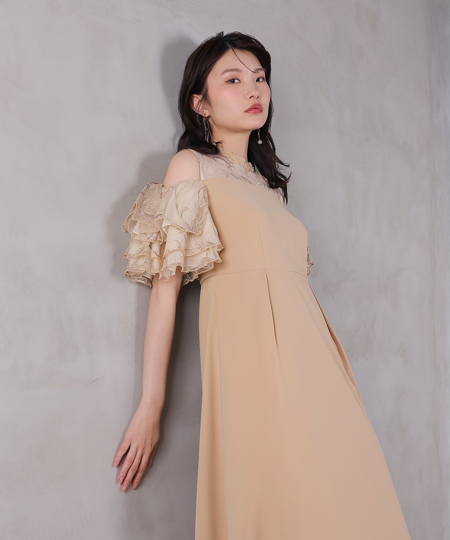 チュールラメ刺繍 オフショル Aラインワンピース ドレス