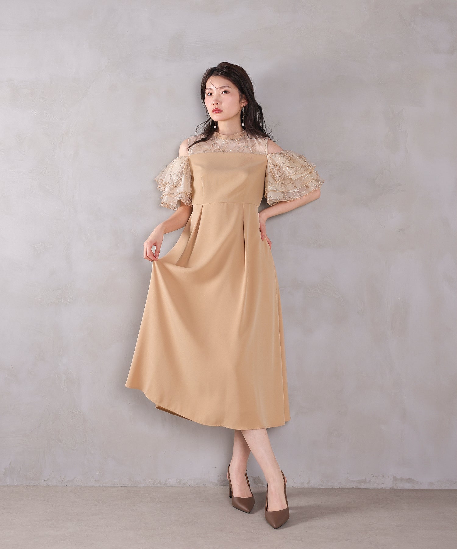 チュールラメ刺繍 オフショル Aラインワンピース ドレス