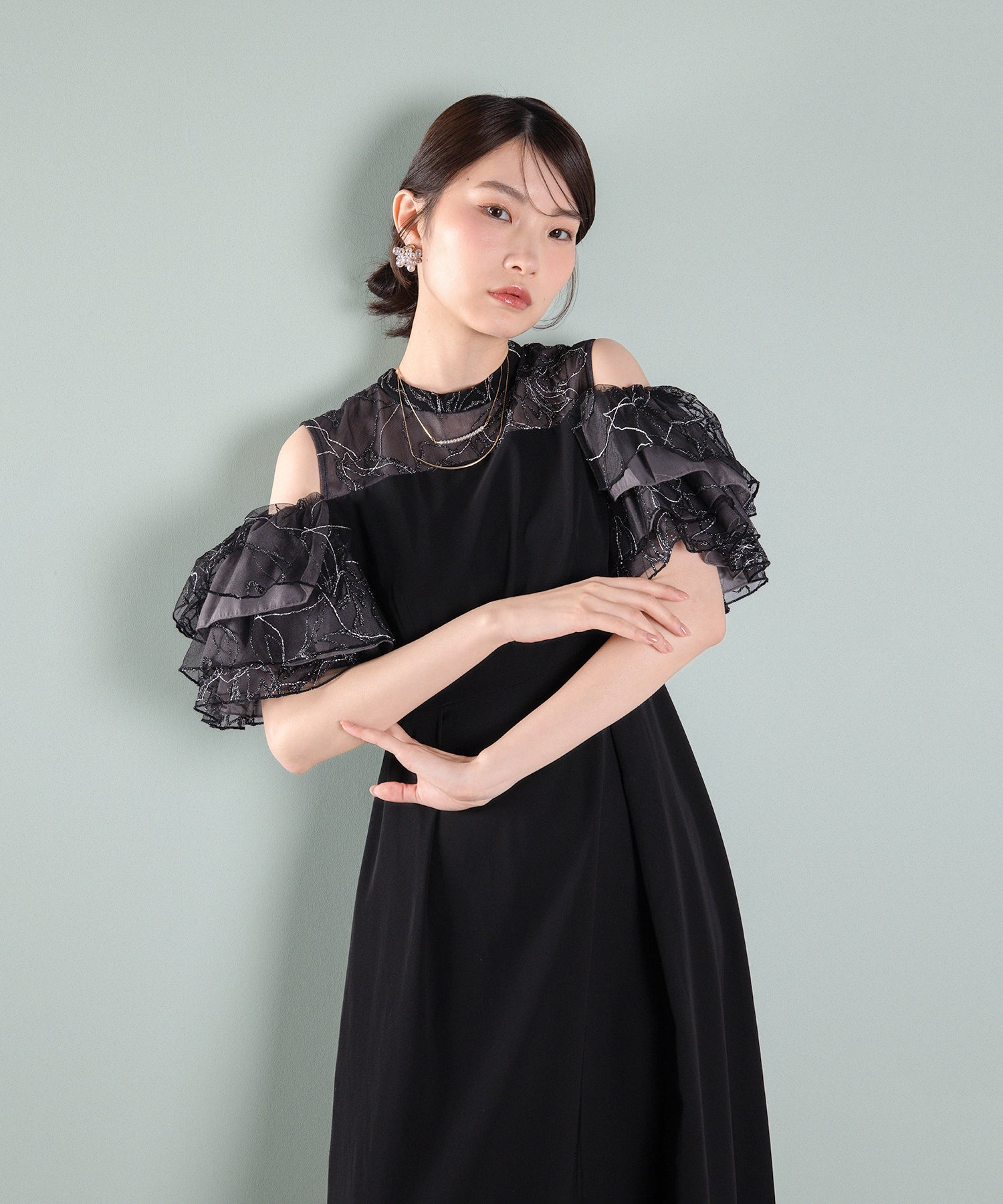 チュールラメ刺繍 オフショル Aラインワンピース ドレス