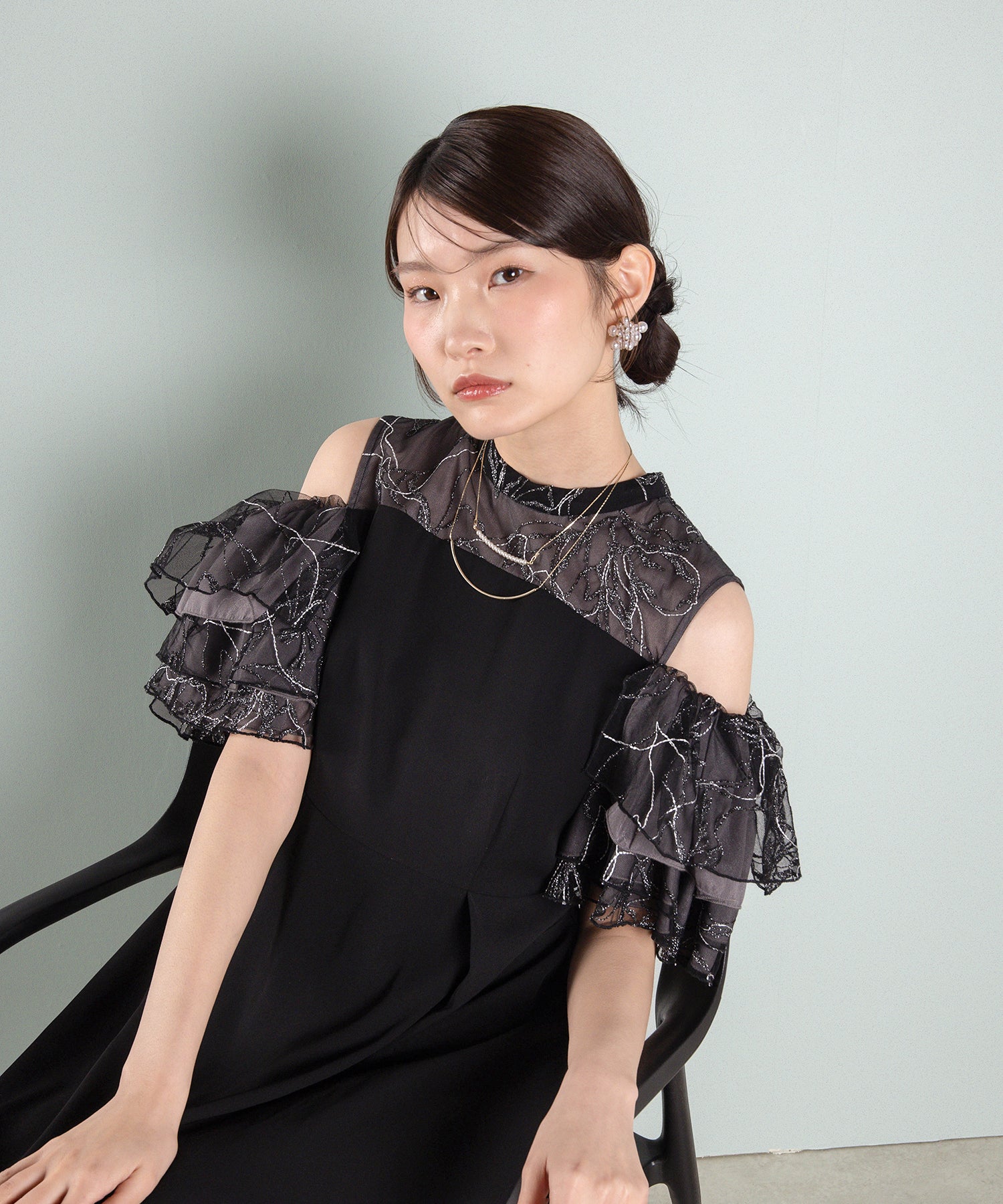 チュールラメ刺繍 オフショル Aラインワンピース ドレス