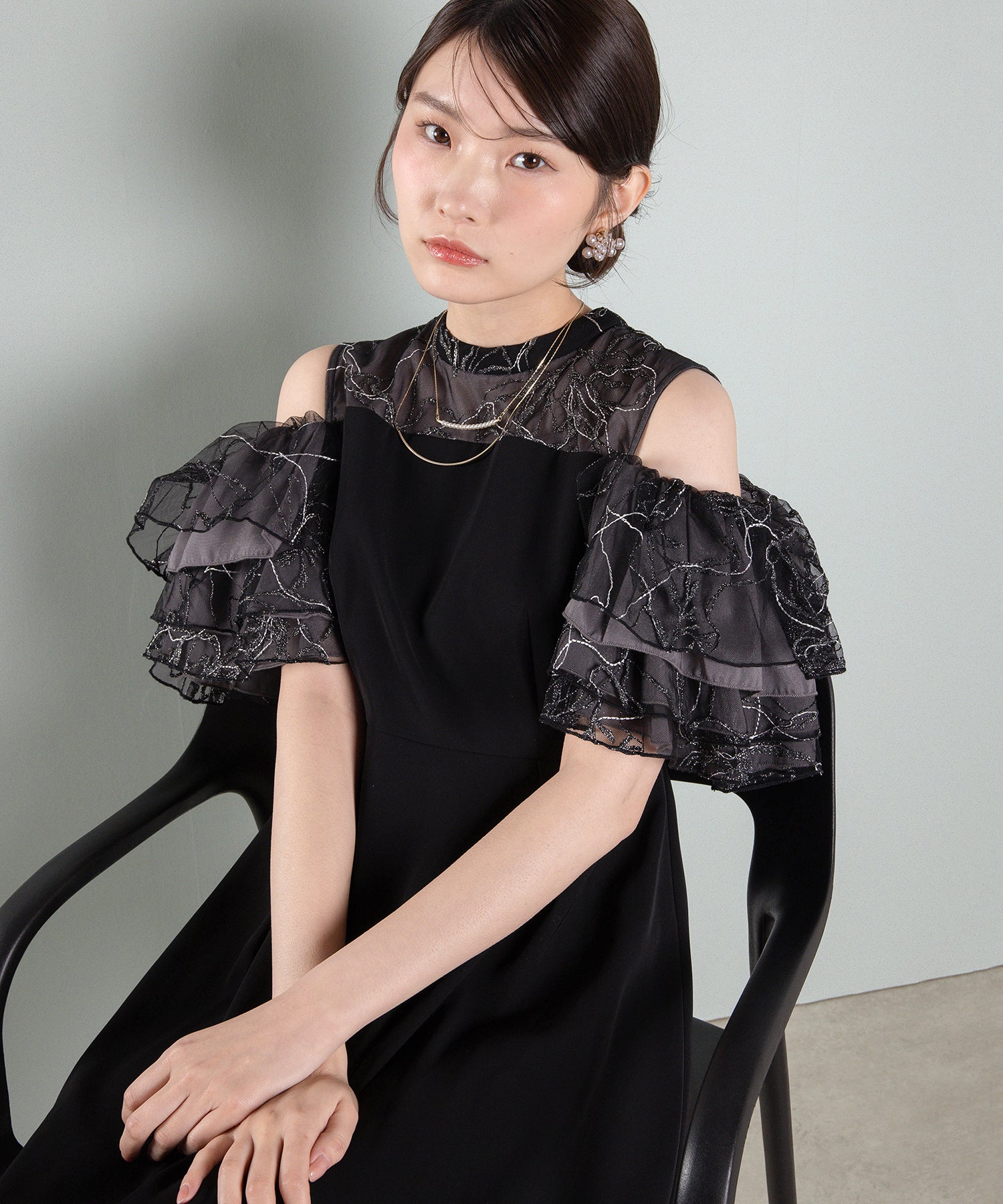 チュールラメ刺繍 オフショル Aラインワンピース ドレス