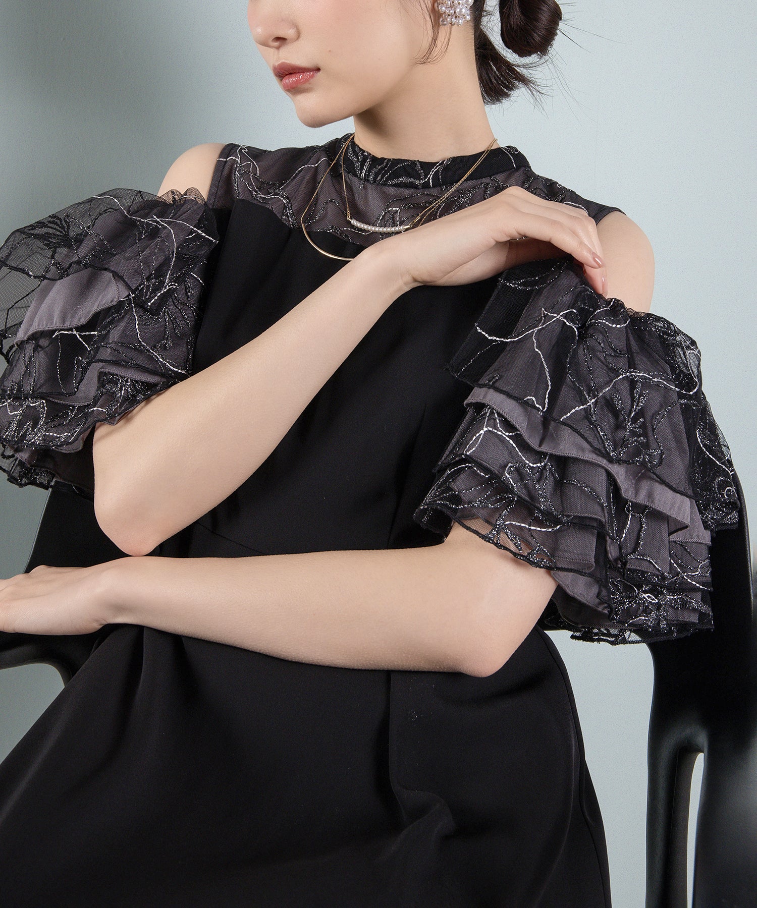 チュールラメ刺繍 オフショル Aラインワンピース ドレス