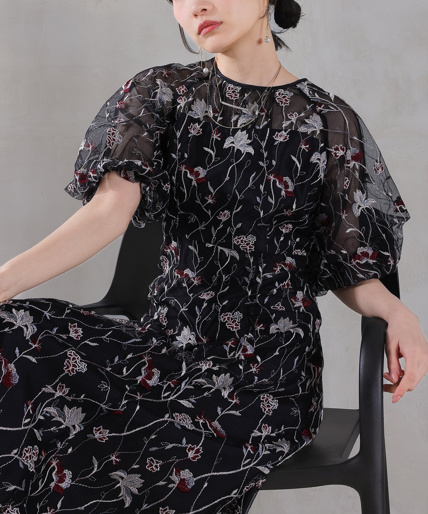 パフスリーブ 花柄刺繍レースチュールAラインワンピースドレス