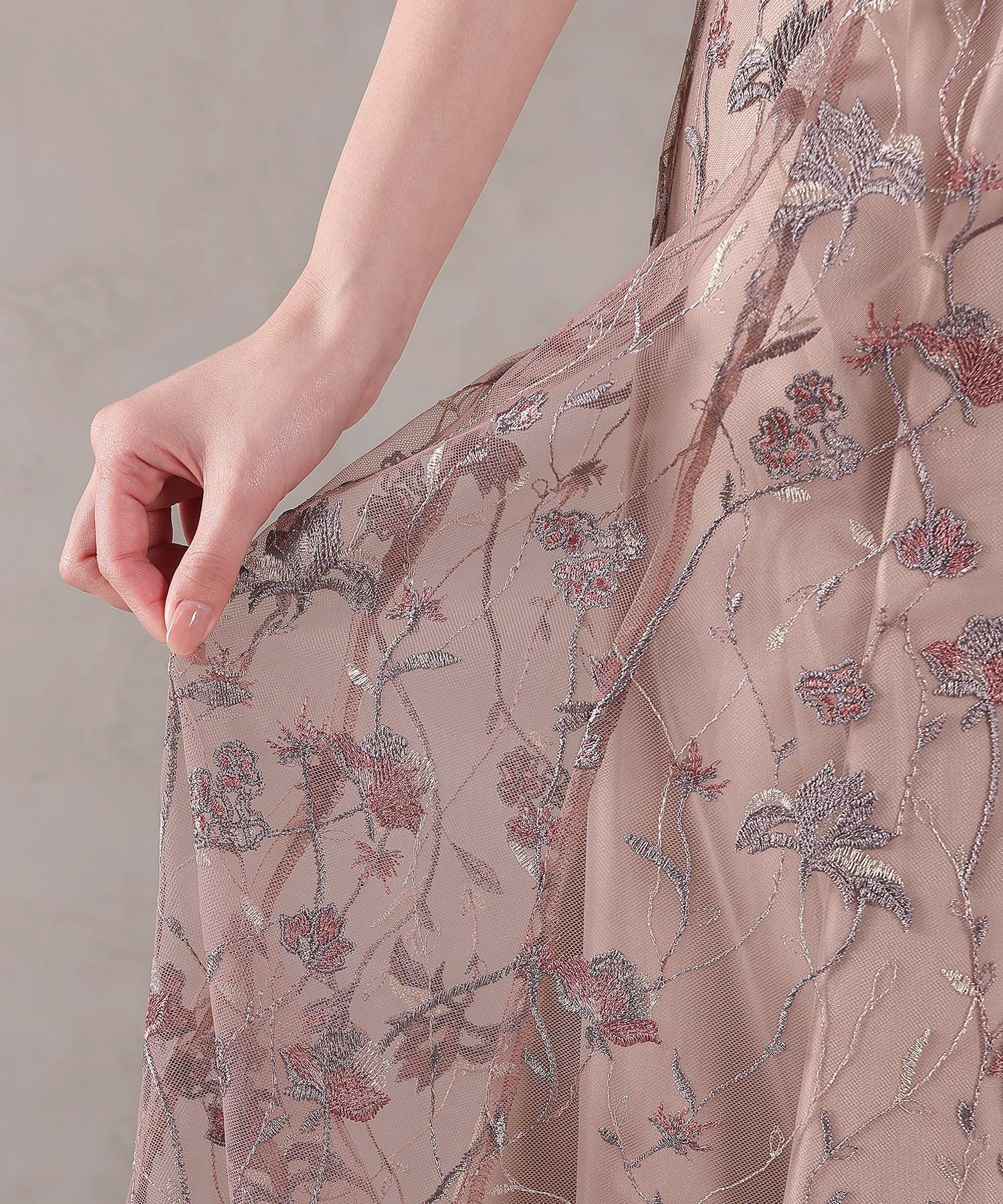 パフスリーブ 花柄刺繍レースチュールAラインワンピースドレス