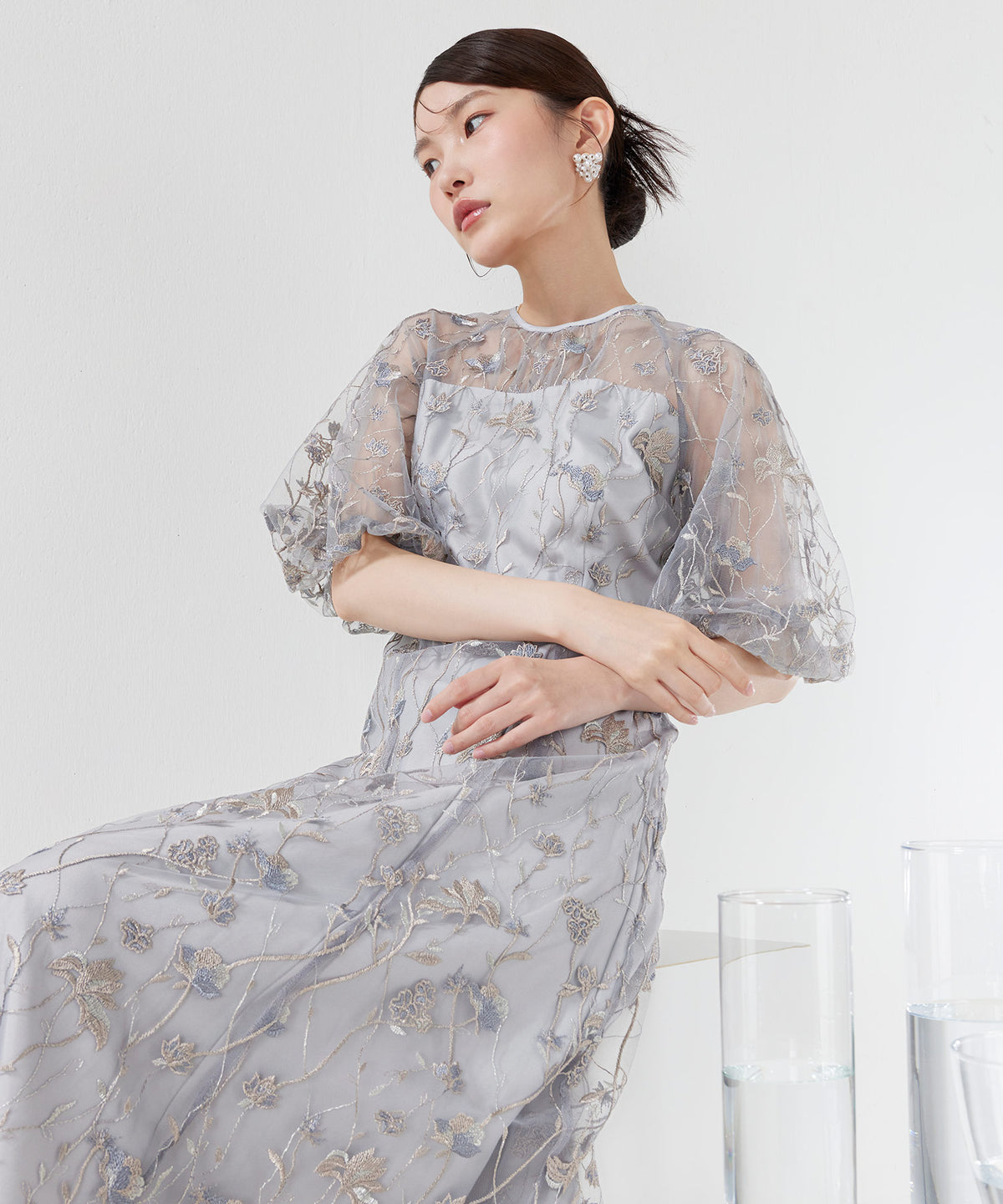花柄多色刺繍レースパフスリーブハイウエストAラインドレス