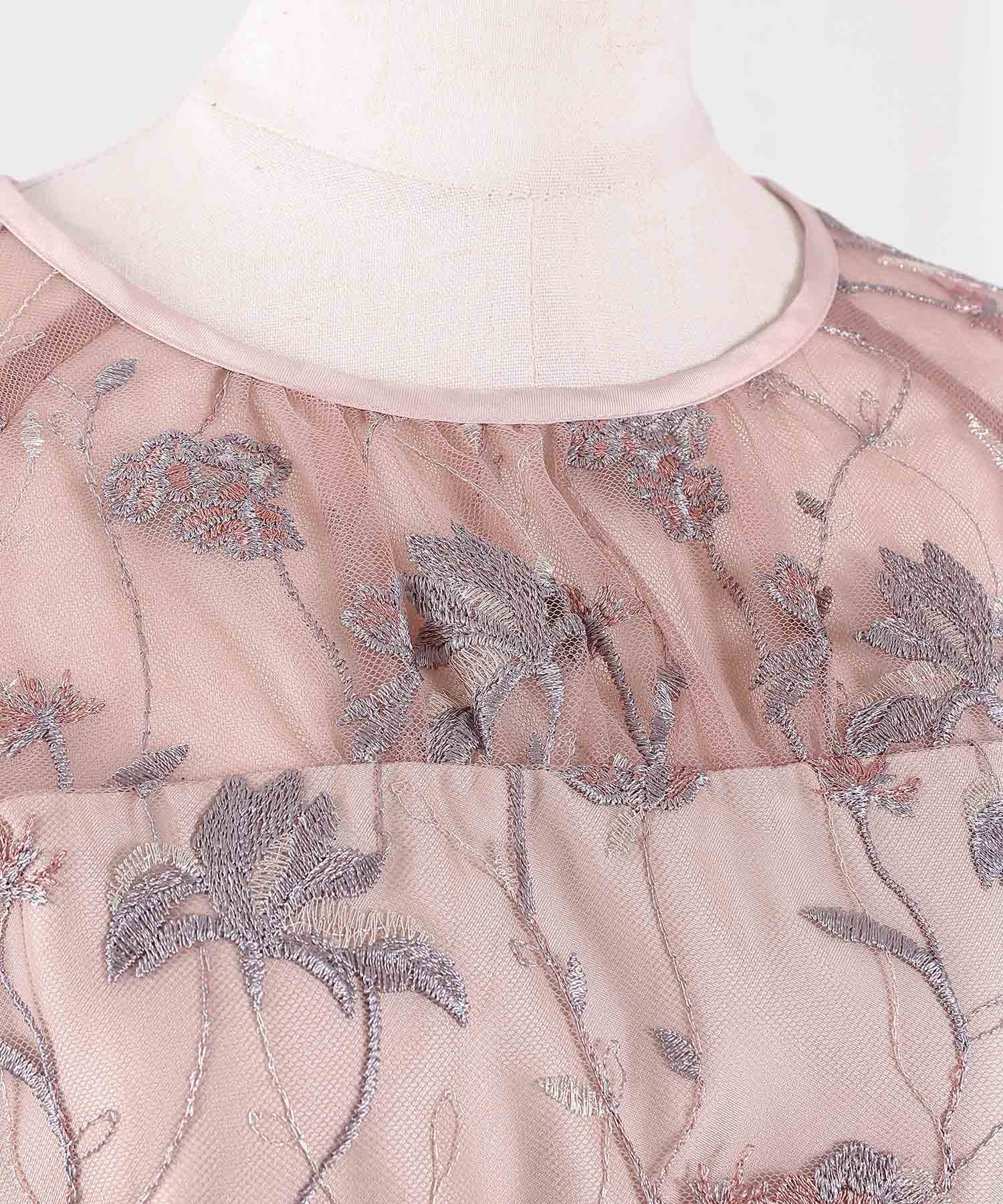 パフスリーブ 花柄刺繍レースチュールAラインワンピースドレス