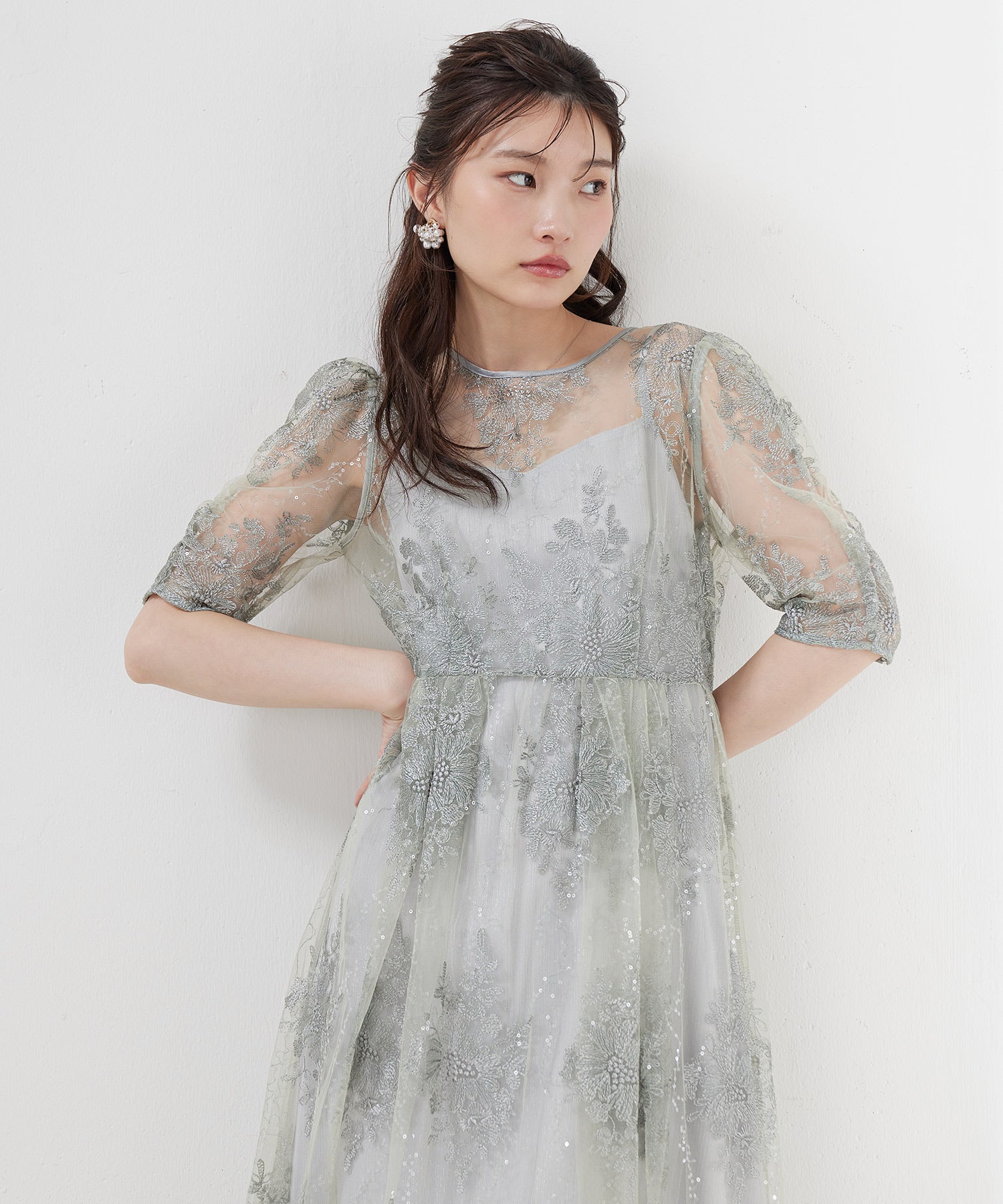 花柄刺繍スパンコールシアーギャザースリーブAラインドレス