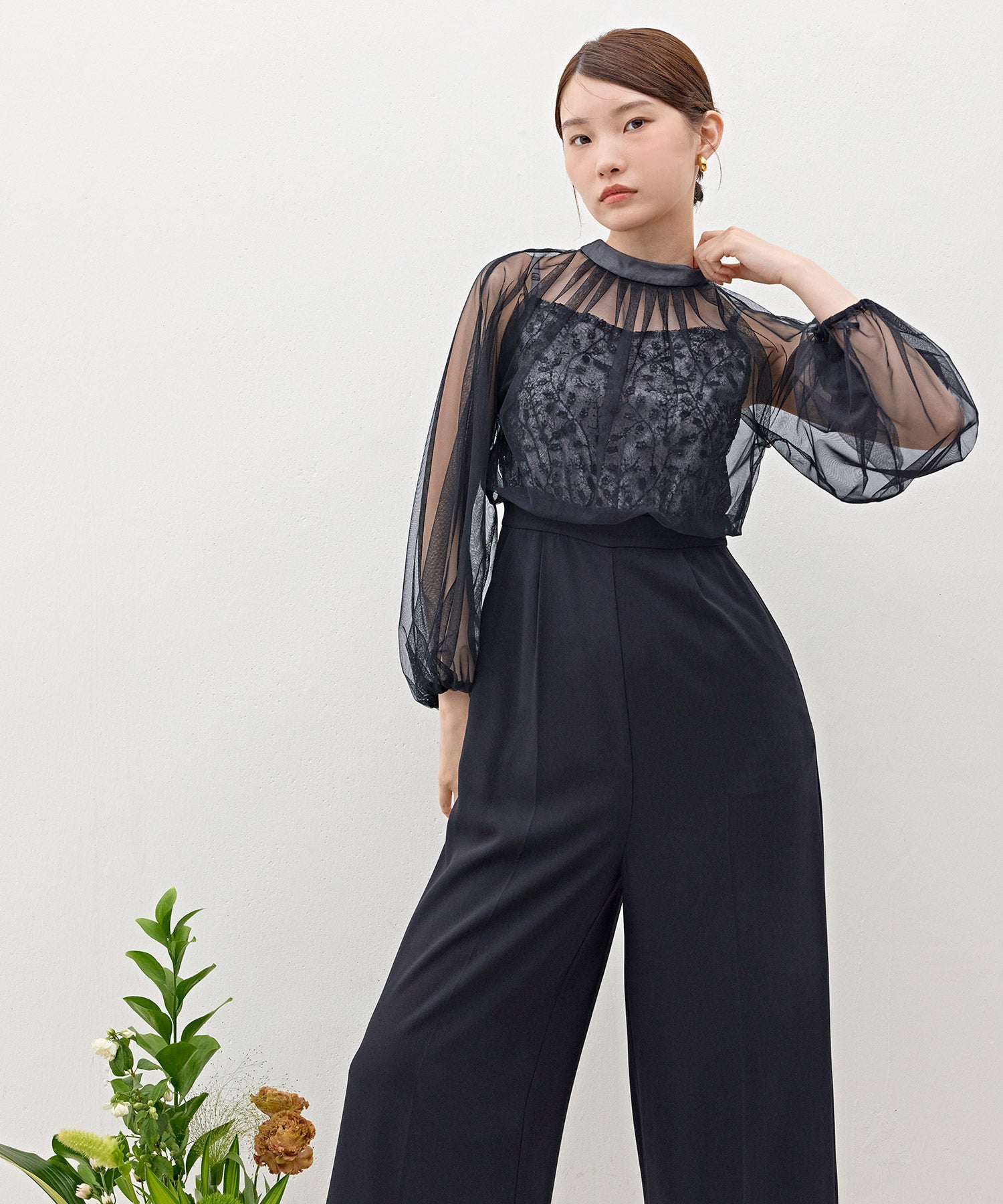 スパンコール刺繍シアーリボンパンツドレス
