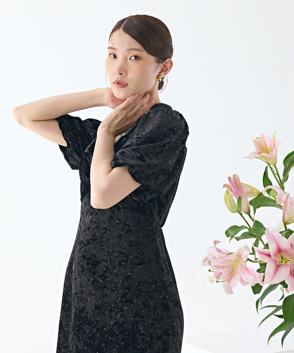 クラッシュベロア×ラインストーンIラインワンピースドレス