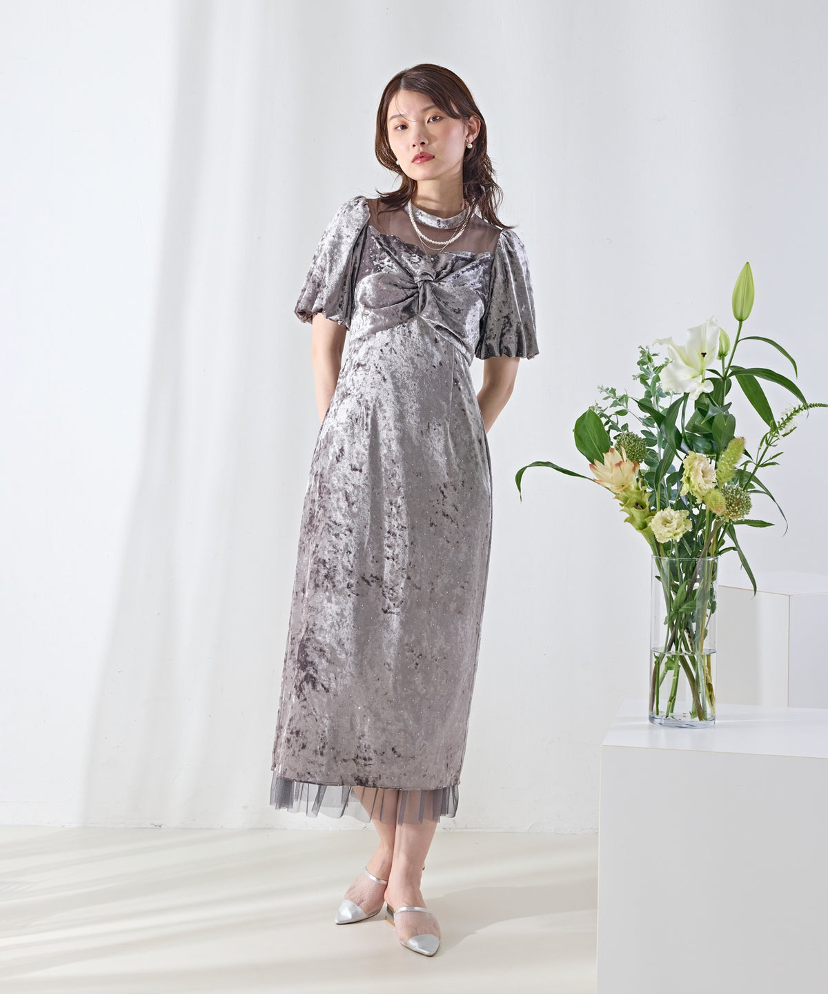 クラッシュベロア×ラインストーンIラインワンピースドレス