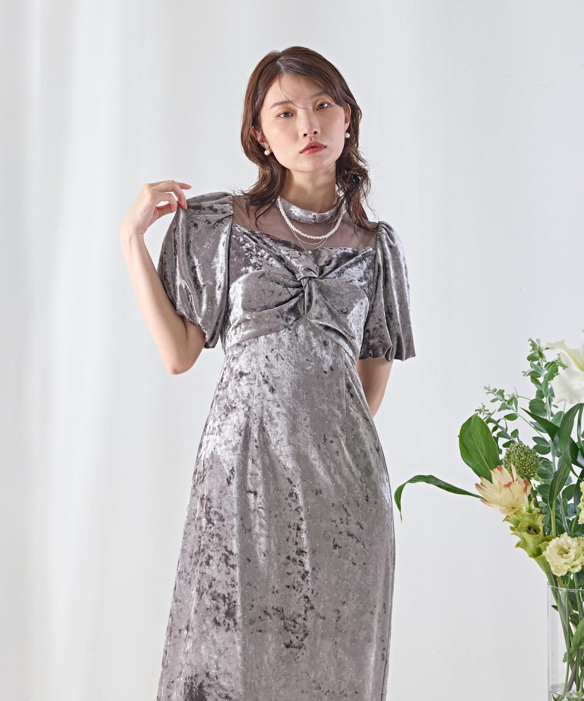 クラッシュベロア×ラインストーンIラインワンピースドレス