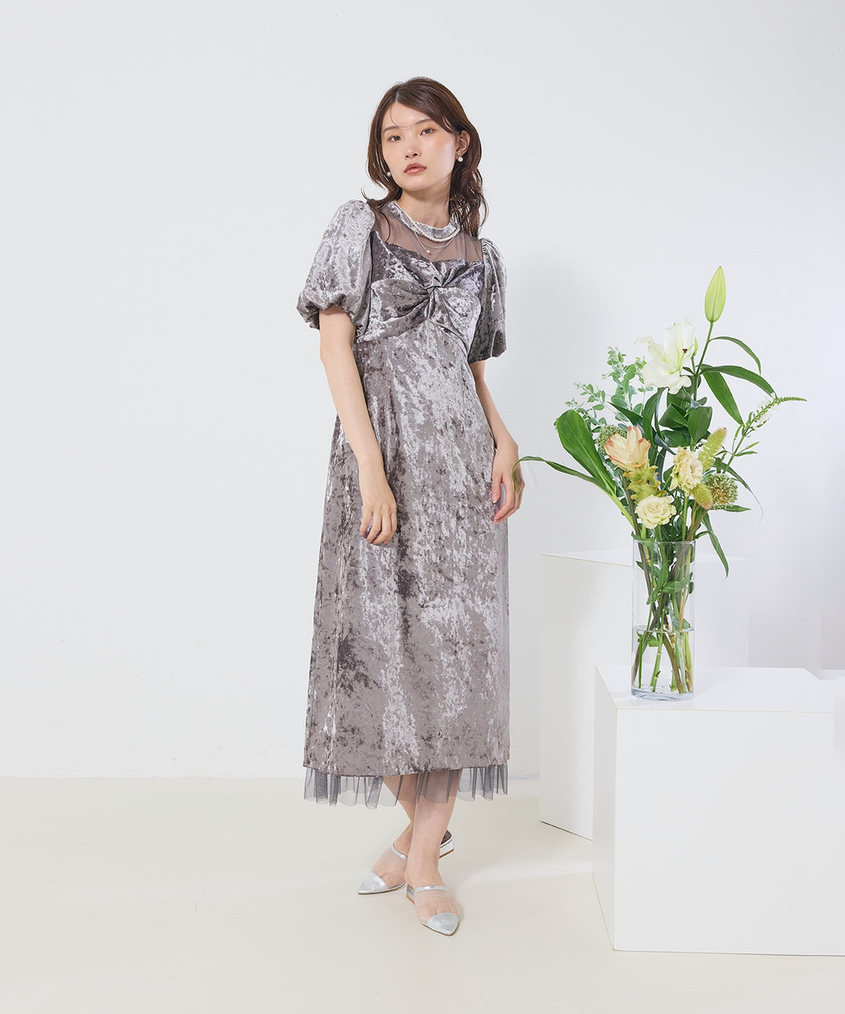 クラッシュベロア×ラインストーンIラインワンピースドレス