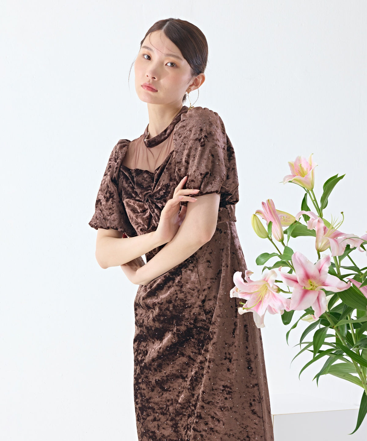 クラッシュベロア×ラインストーンIラインワンピースドレス
