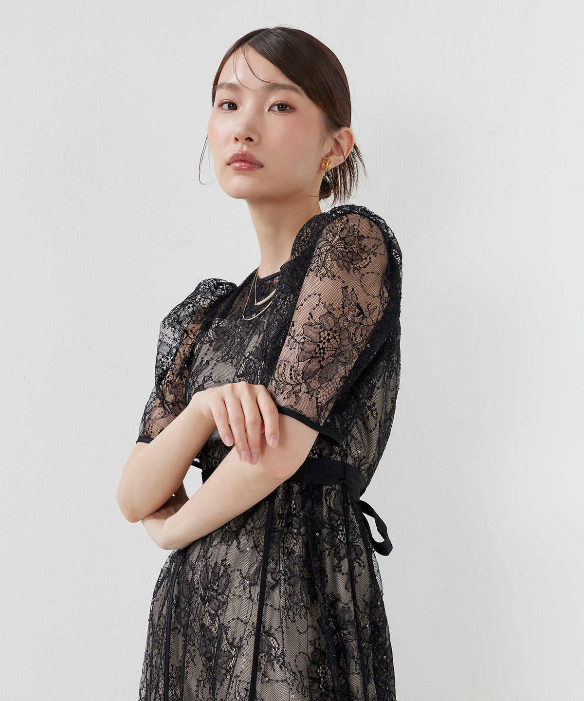 スパンコール刺繍レースAラインドレス