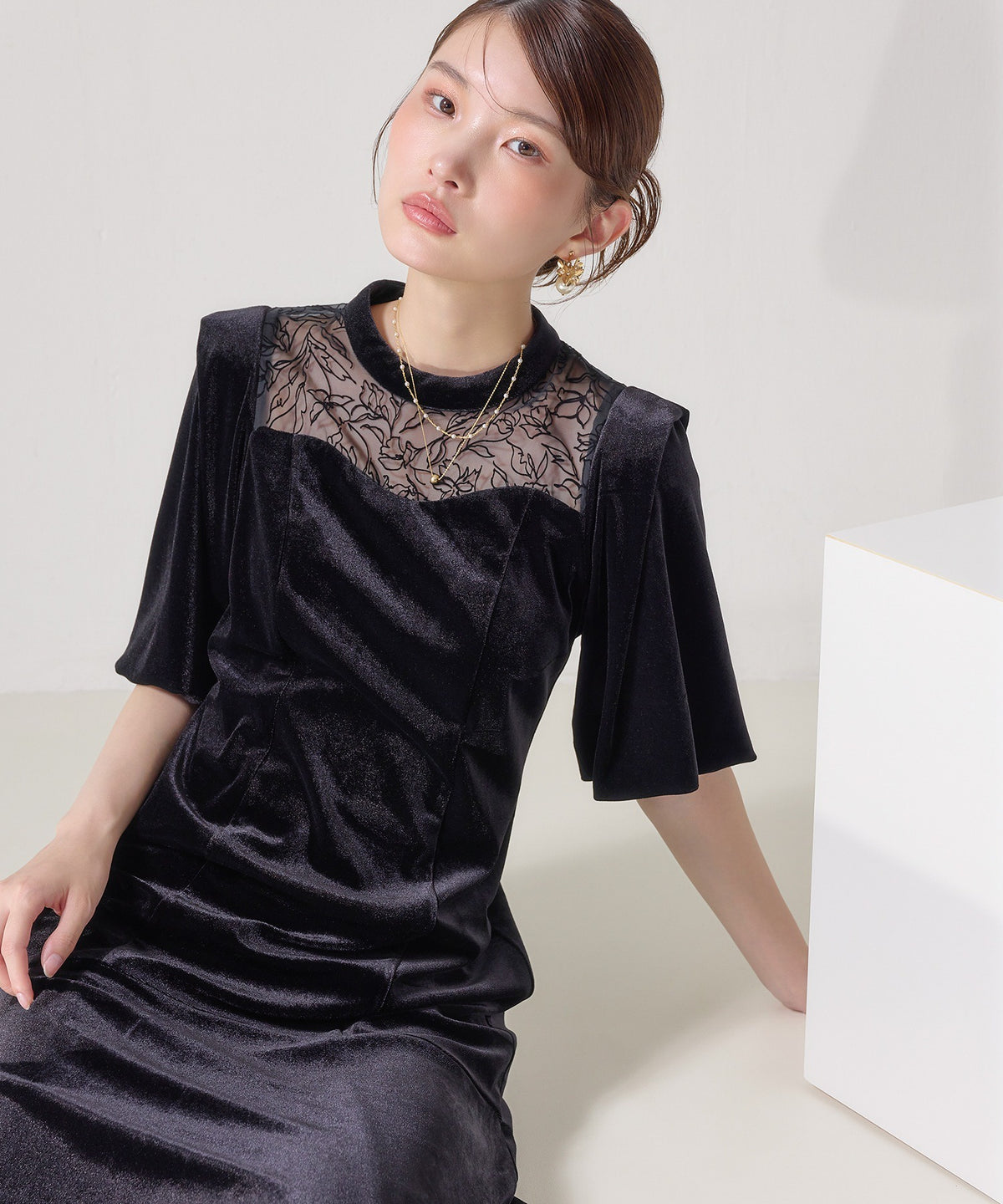 花柄フロッキーベロアワンピースドレス
