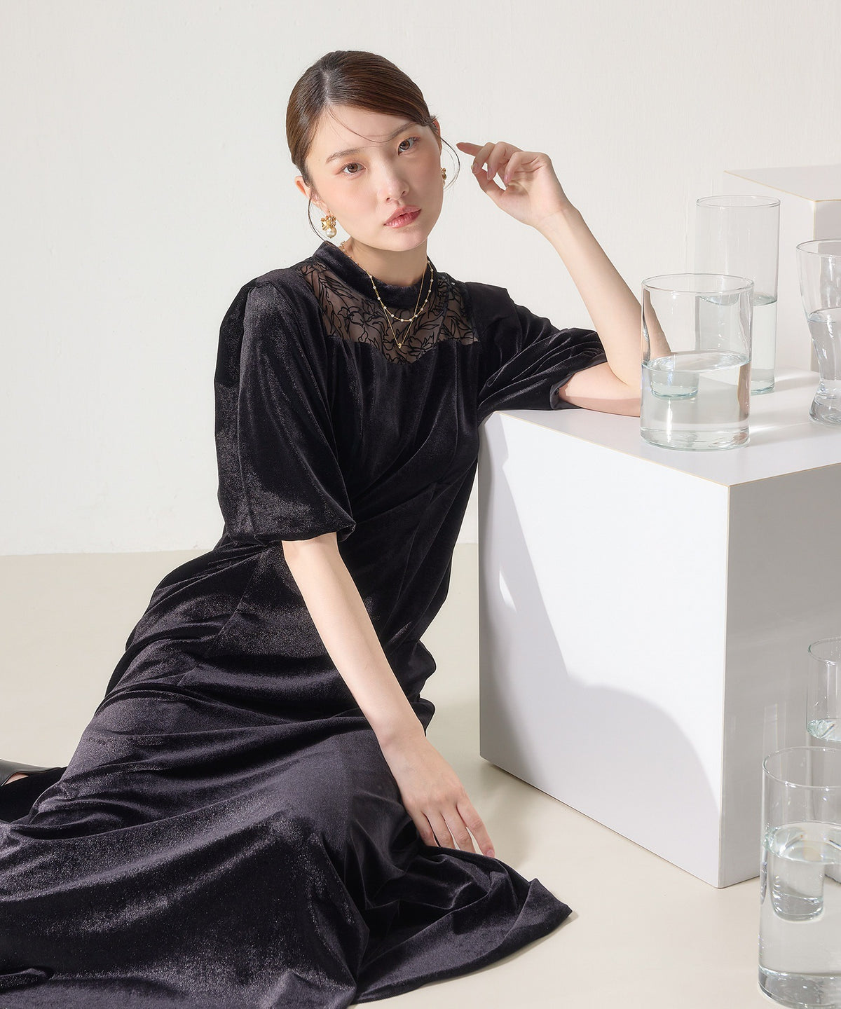 花柄フロッキーベロアワンピースドレス
