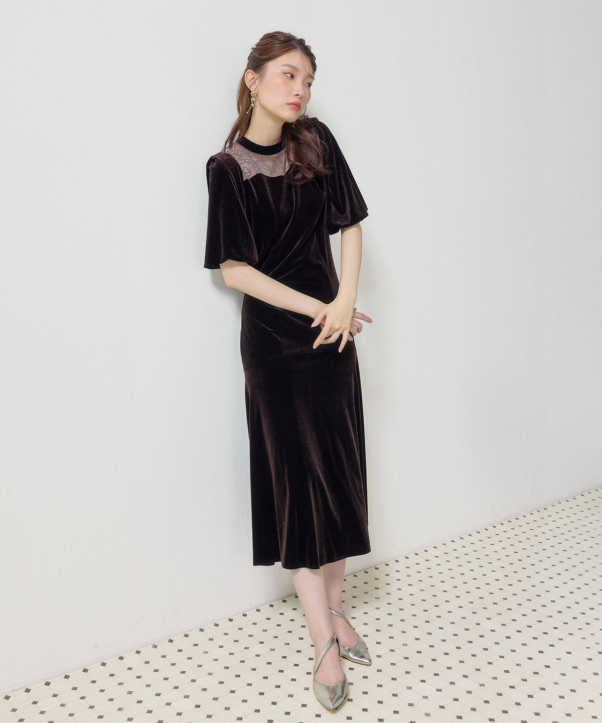 花柄フロッキーベロアワンピースドレス