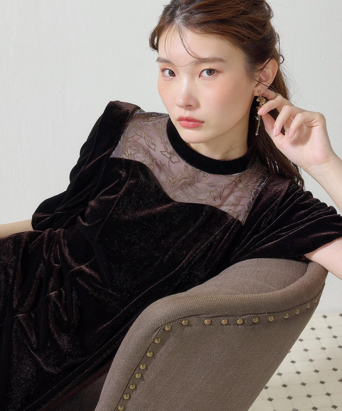 花柄フロッキーベロアワンピースドレス