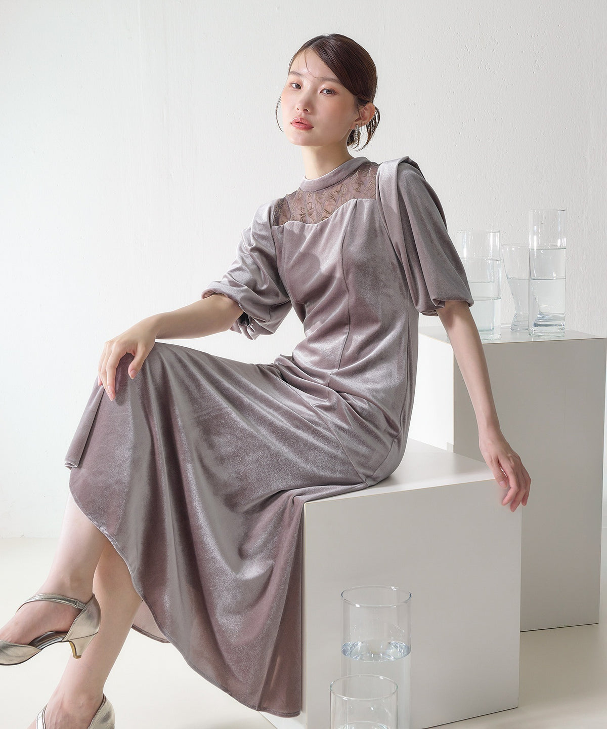 花柄フロッキーベロアワンピースドレス