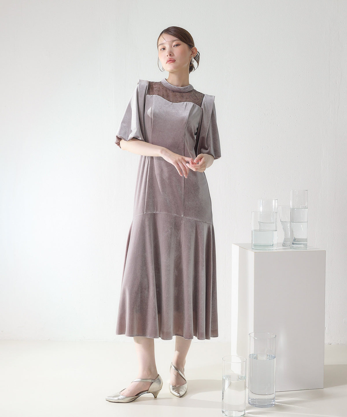 花柄フロッキーベロアワンピースドレス